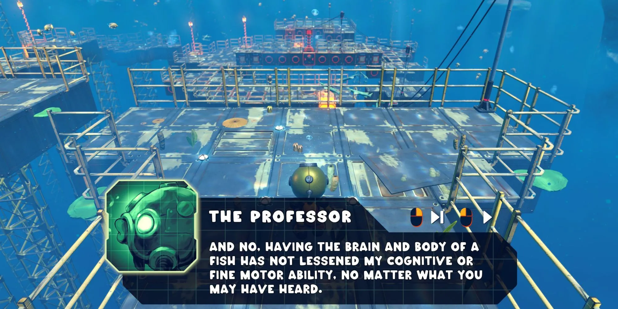 Đoạn hội thoại hài hước giữa nhân vật chính và The Professor Fish trong Power Sink
