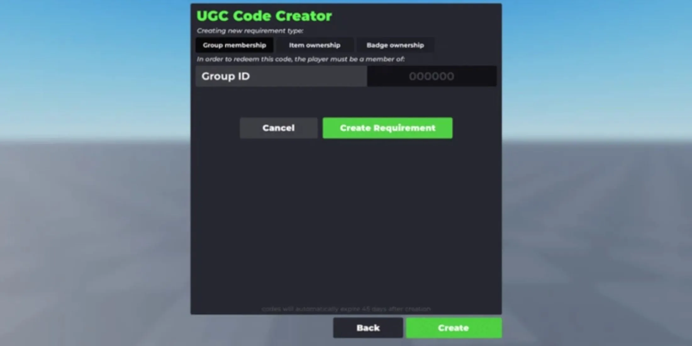 Giao diện nhập code hoặc khu vực hiển thị code trong game Flex UGC Roblox