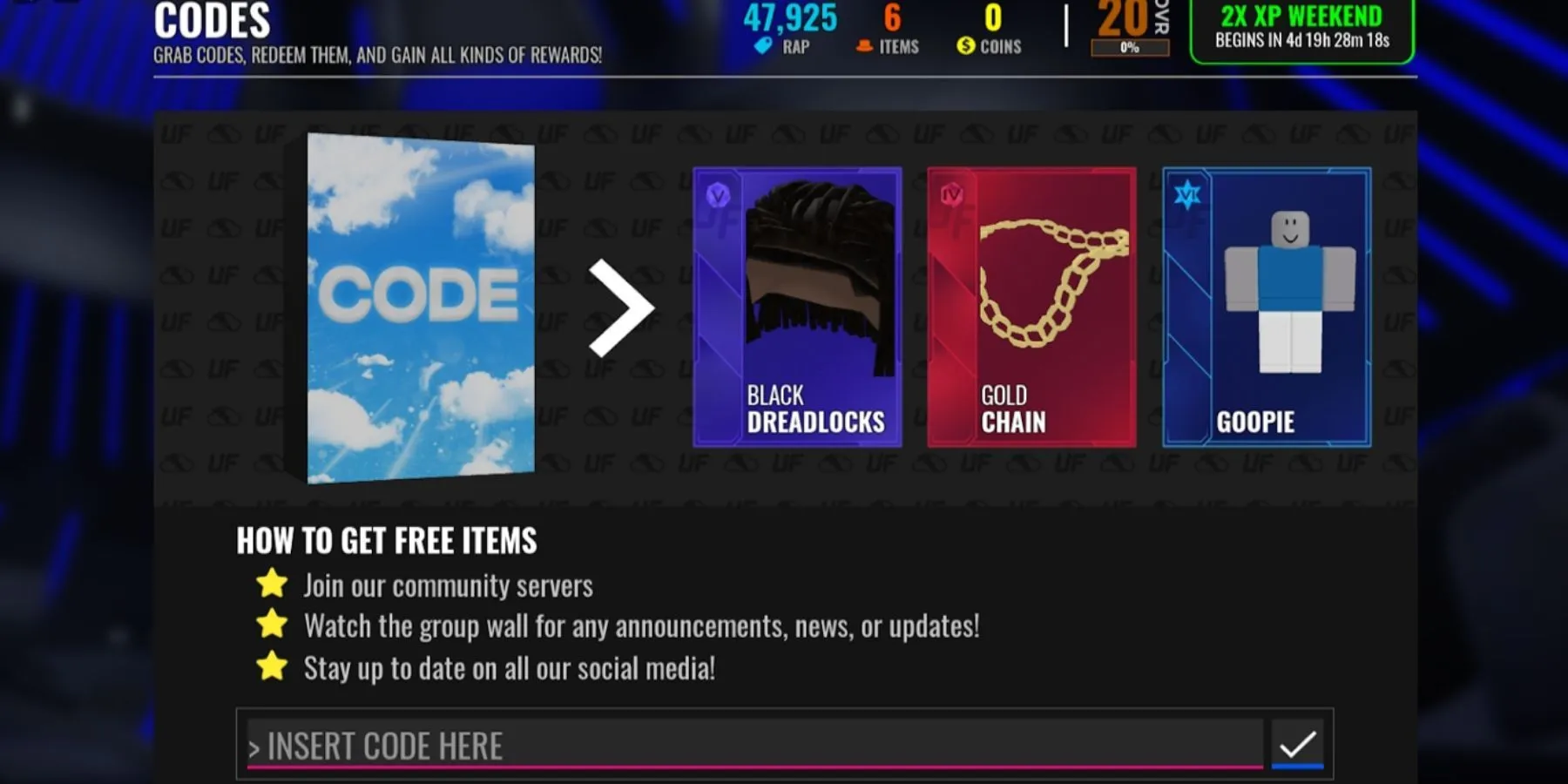 Giao diện nơi người chơi nhập mã code nhận thưởng trong Ultimate Football Roblox