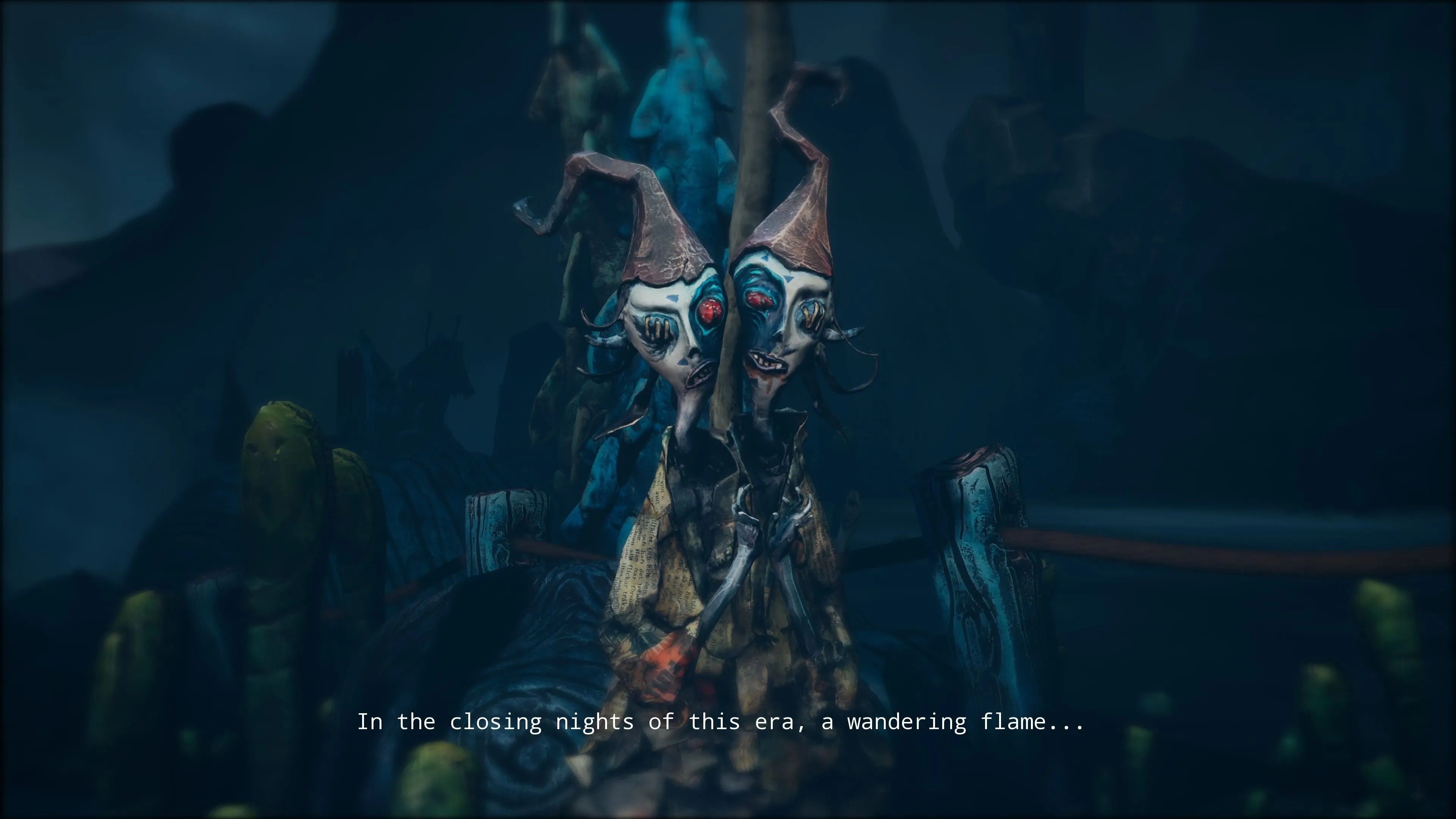 Hai nhà tiên tri với đầu đất sét trong The Midnight Walk, ví dụ về thiết kế nhân vật độc đáo của game.