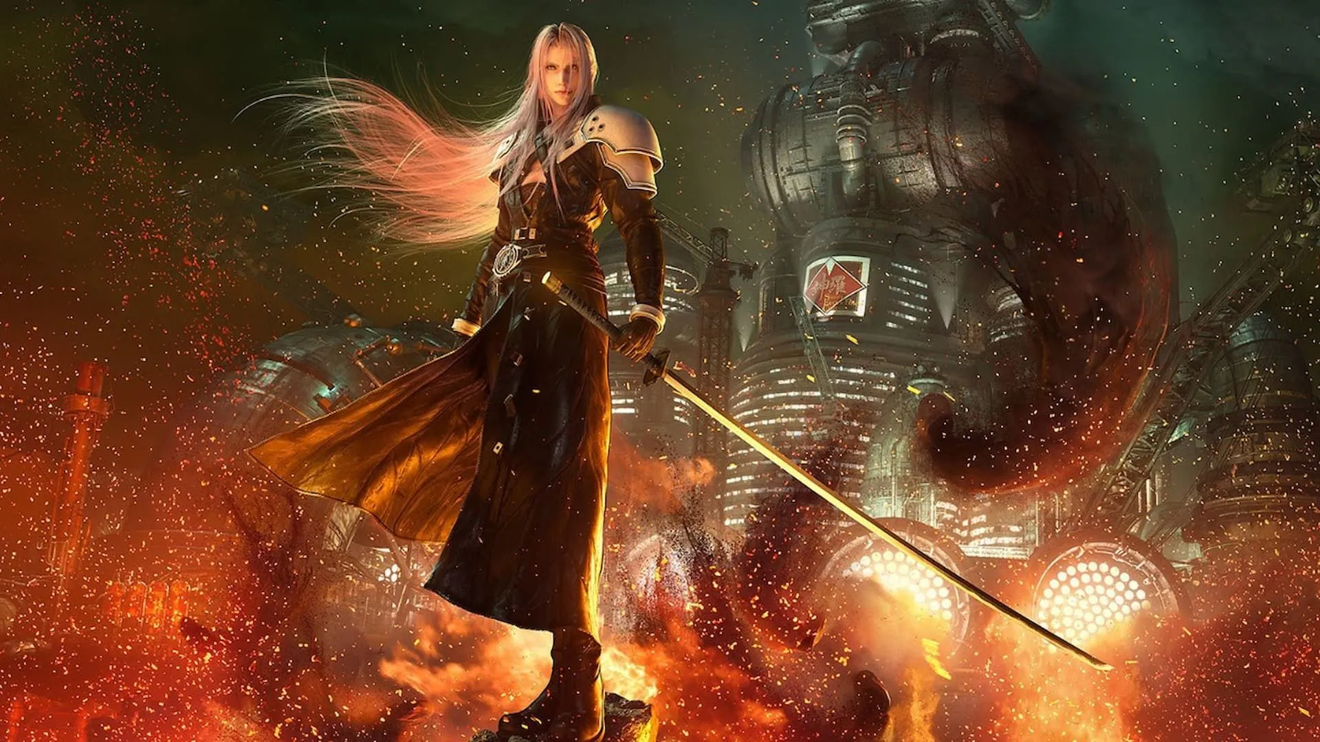 Hình ảnh Sephiroth và tòa nhà Shinra tại Midgar, bối cảnh của cảnh leo cầu thang khó chịu trong Final Fantasy 7.