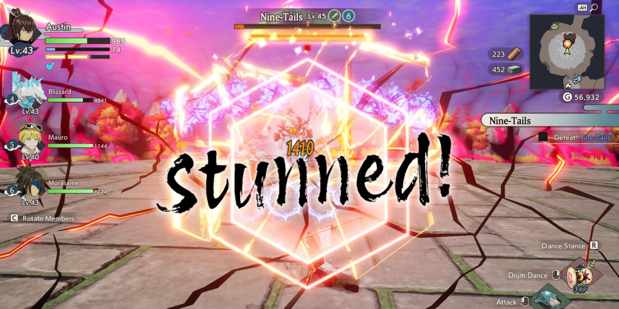 Làm choáng trùm Cửu Vĩ Hồ trong Rune Factory: Guardians of Azuma.
