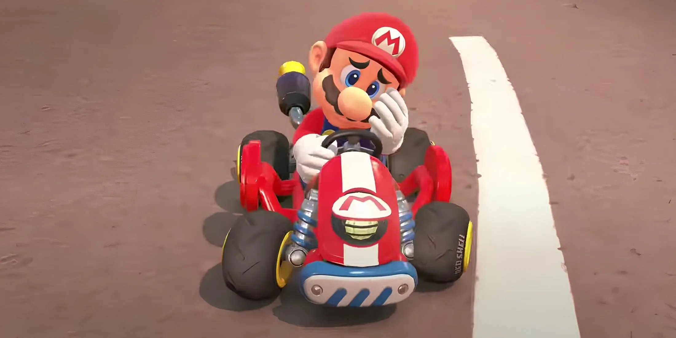 Mario trong Mario Kart World sau một cuộc đua gay cấn