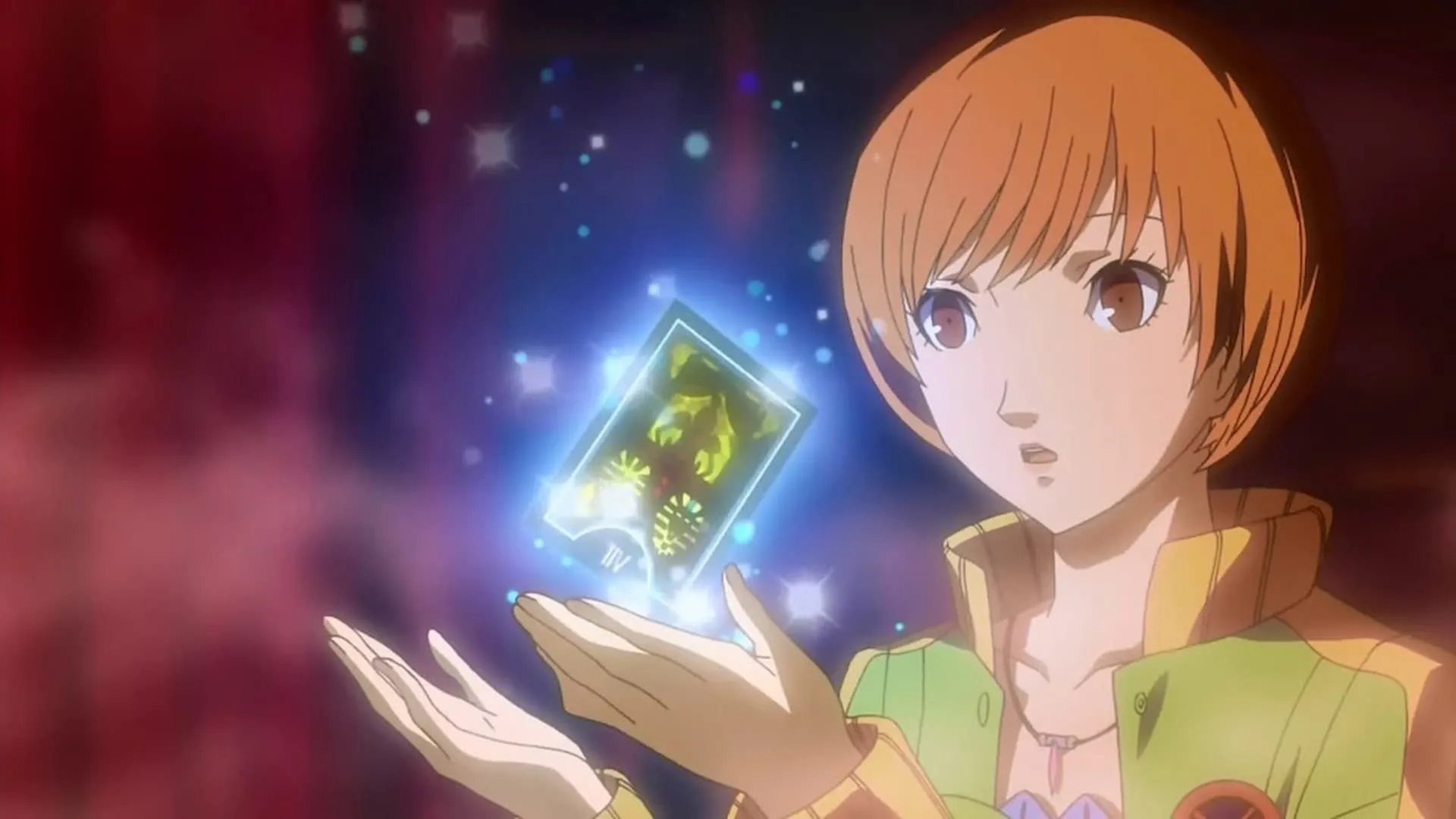 Nhân vật Chie Satonaka từ Persona 4 Anime cầm lá bài Tarot