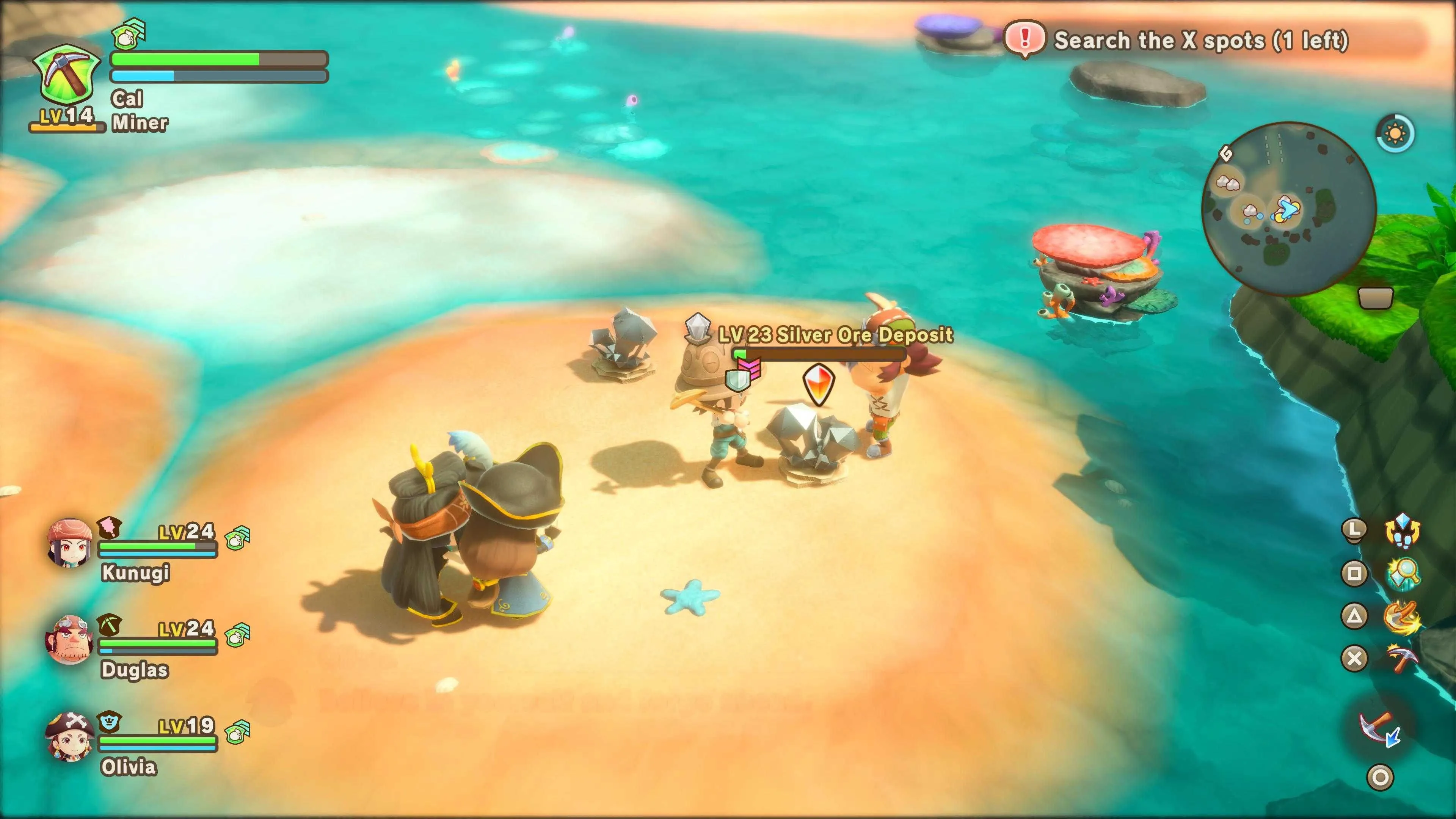 Nhân vật đang khai thác quặng trong Fantasy Life i với nghề Thợ đào (Miner)