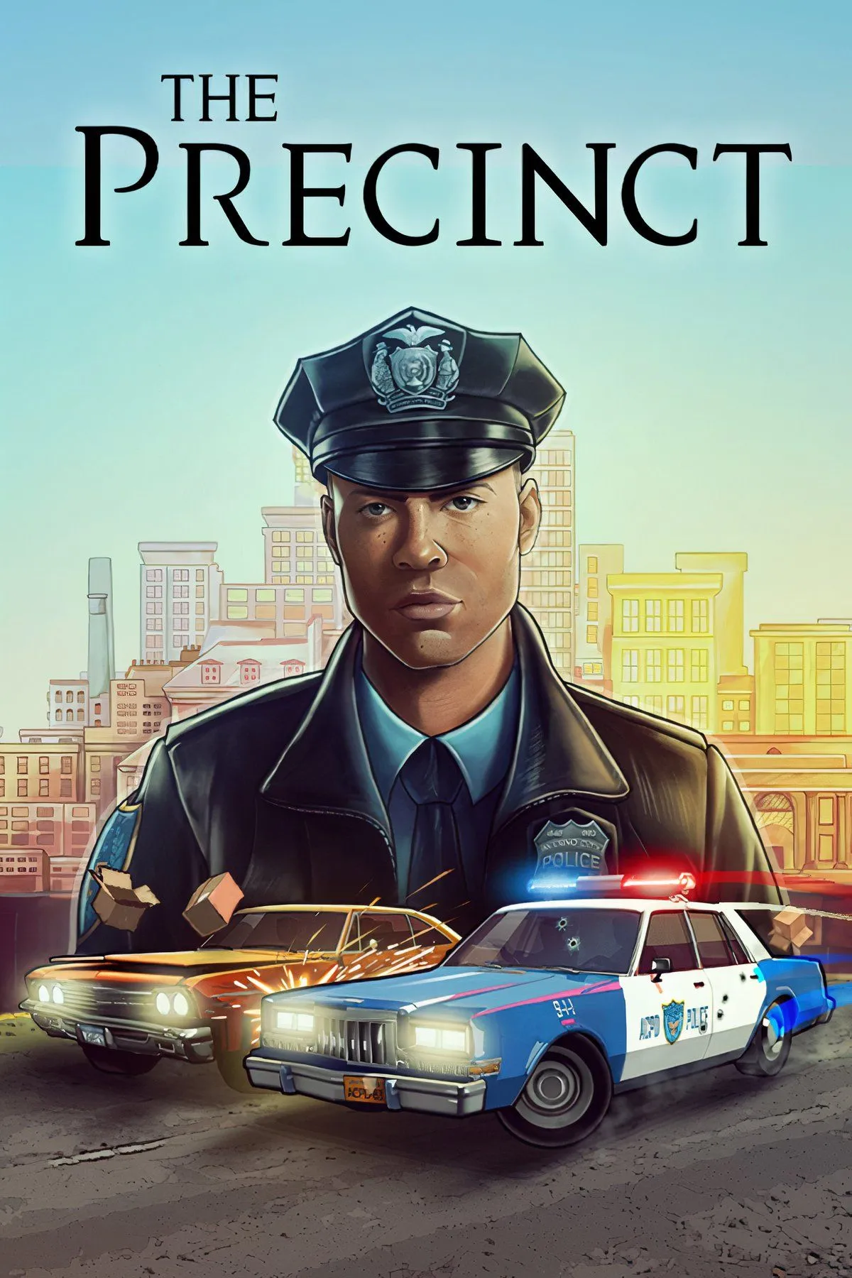 Tổng hợp các cảnh trong game The Precinct: lái xe cảnh sát, nhân vật chính, và môi trường thành phố Averno.
