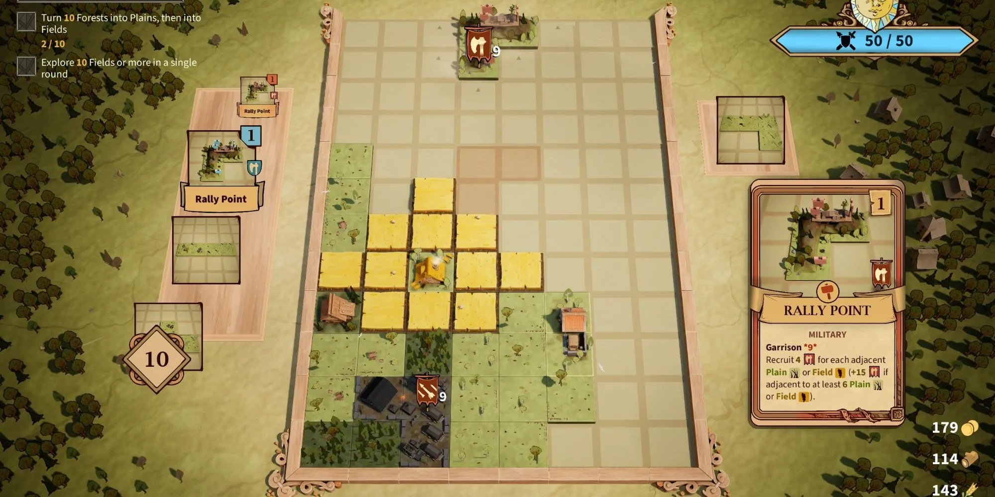 Ví dụ về sự kết hợp (synergy) giữa các công trình trong game Drop Duchy