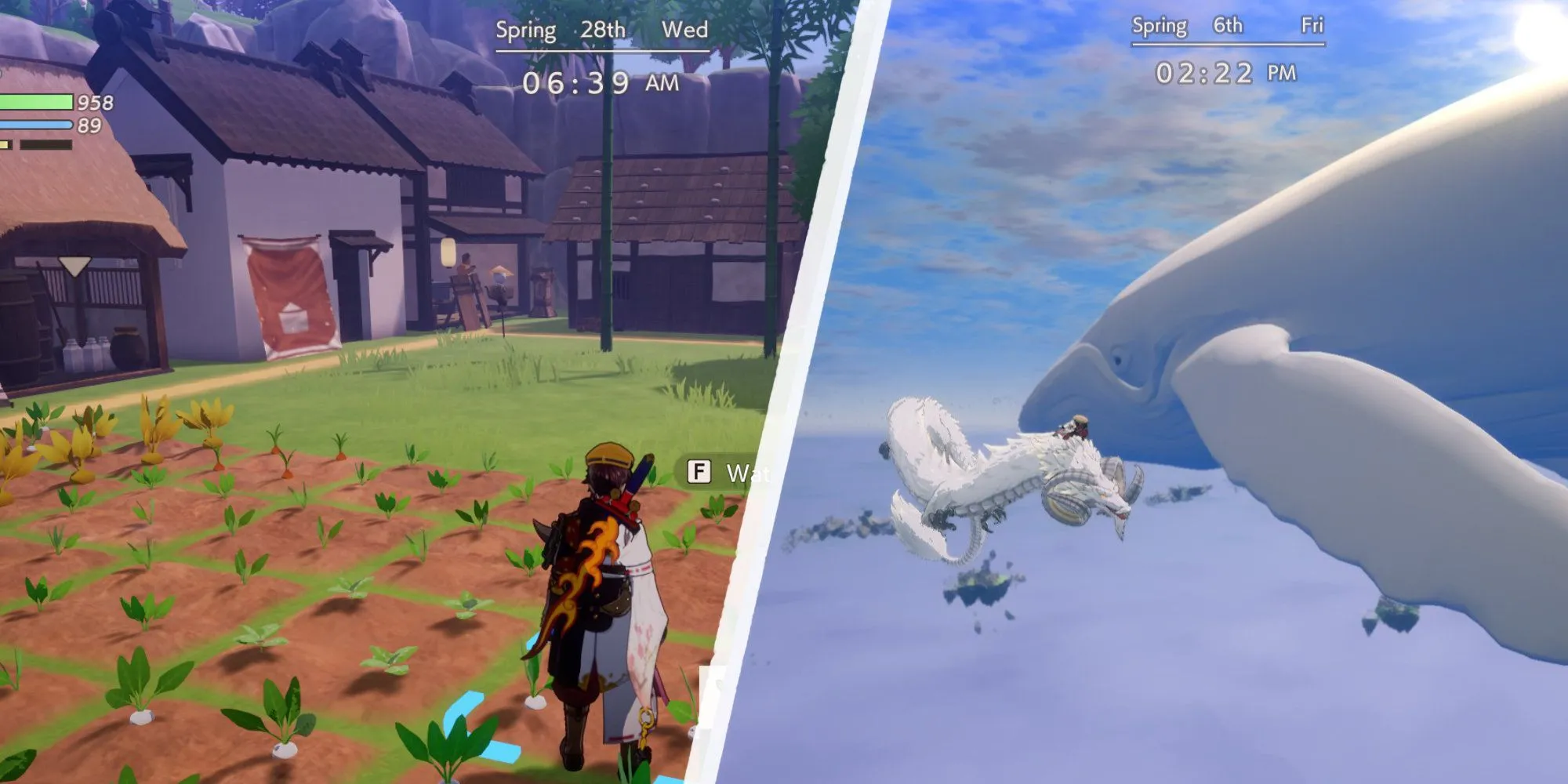 Xây dựng làng và bay gần một con cá voi trong Rune Factory: Guardians of Azuma.