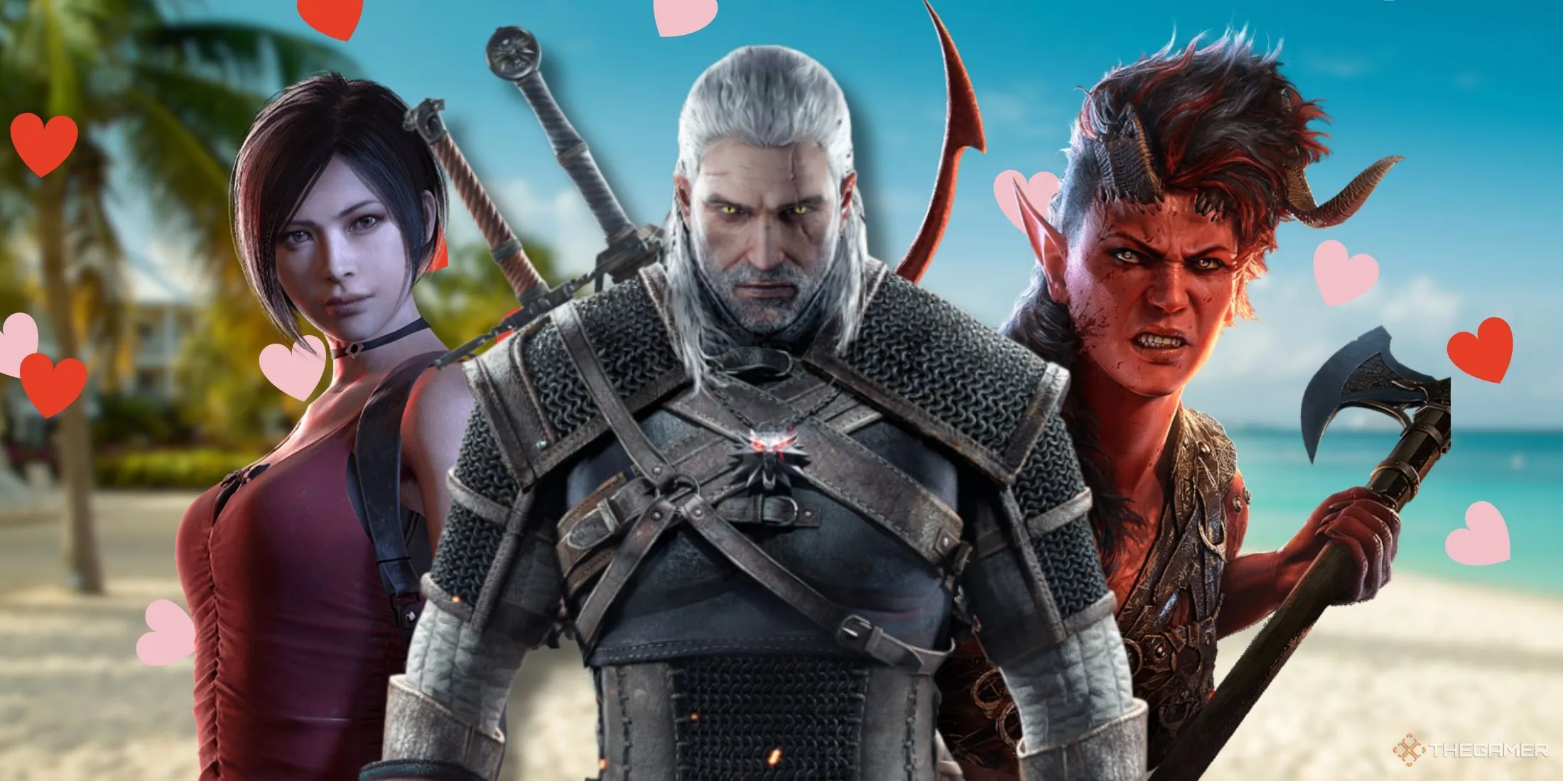 Ada Wong, Geralt và Karlach trên bãi biển "Đảo Tình Yêu" phiên bản game
