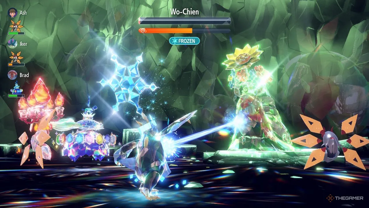 Alt text: Empoleon sử dụng chiêu Ice Beam và đóng băng Shiny Wo-Chien trong một trận chiến Tera Raid ở Pokémon Scarlet and Violet.