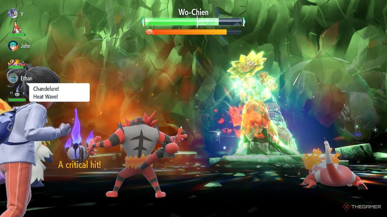 Alt text: Incineroar gây sát thương chí mạng lên Shiny Wo-Chien trong một trận chiến Tera Raid ở Pokémon Scarlet and Violet.