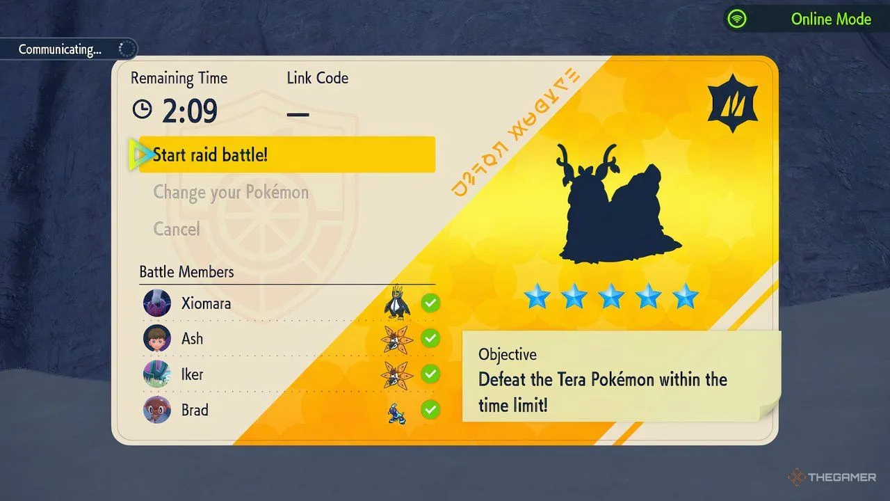Alt text: Người chơi xếp hàng với những người chơi ngẫu nhiên để đánh bại Shiny Wo-Chien trong một trận đấu Tera Raid ở Pokémon Scarlet and Violet.