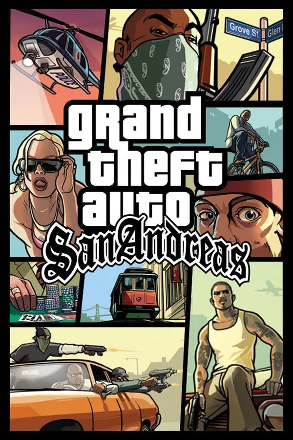 Ảnh bìa Grand Theft Auto: San Andreas với hình ảnh CJ và các nhân vật khác, thể hiện một thế giới mở rộng lớn với nhiều hoạt động, bao gồm cả hẹn hò.