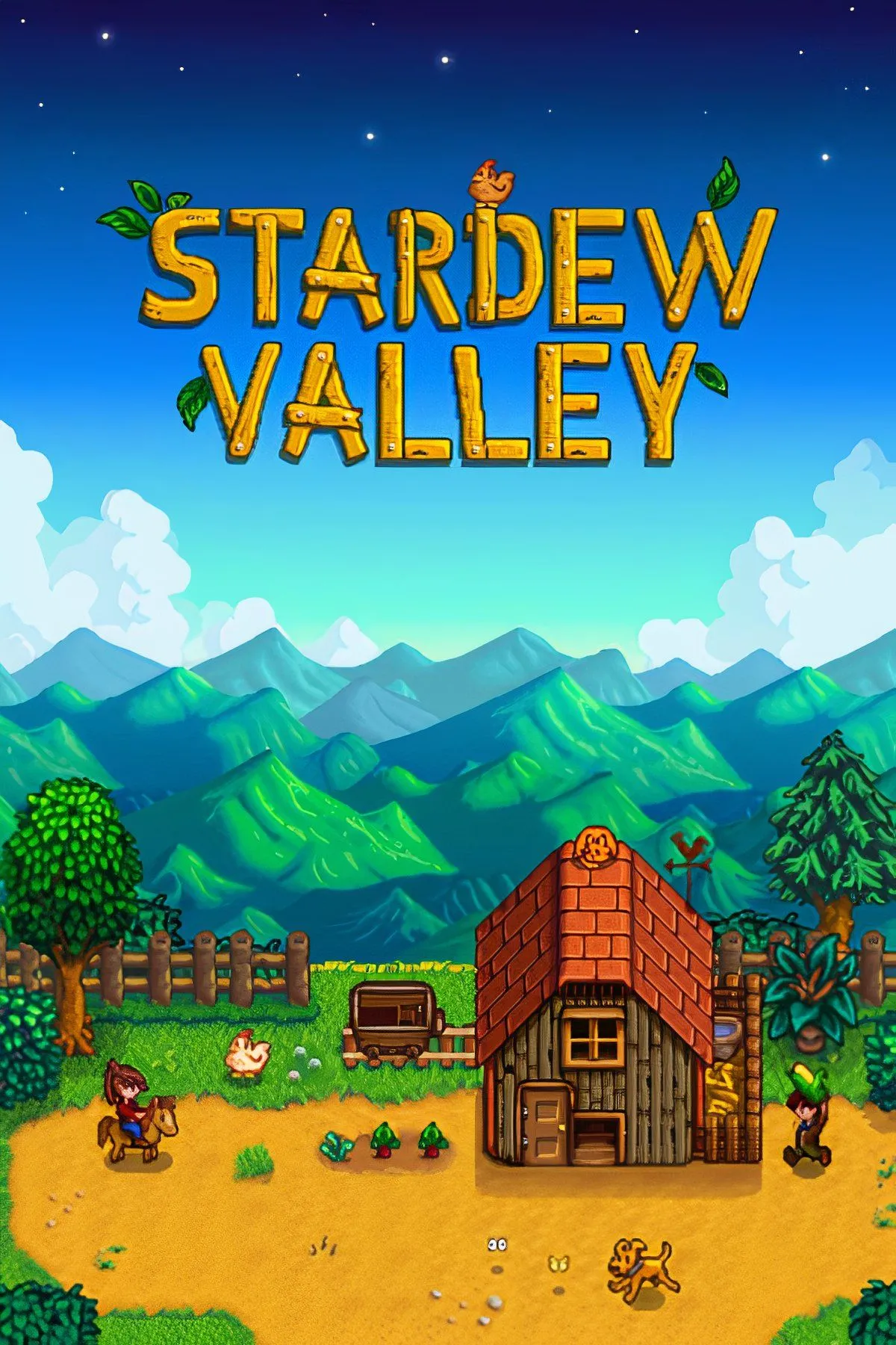 Ảnh bìa Stardew Valley với phong cách pixel art dễ thương, gợi tả cuộc sống nông trại và các nhân vật NPC có thể hẹn hò.