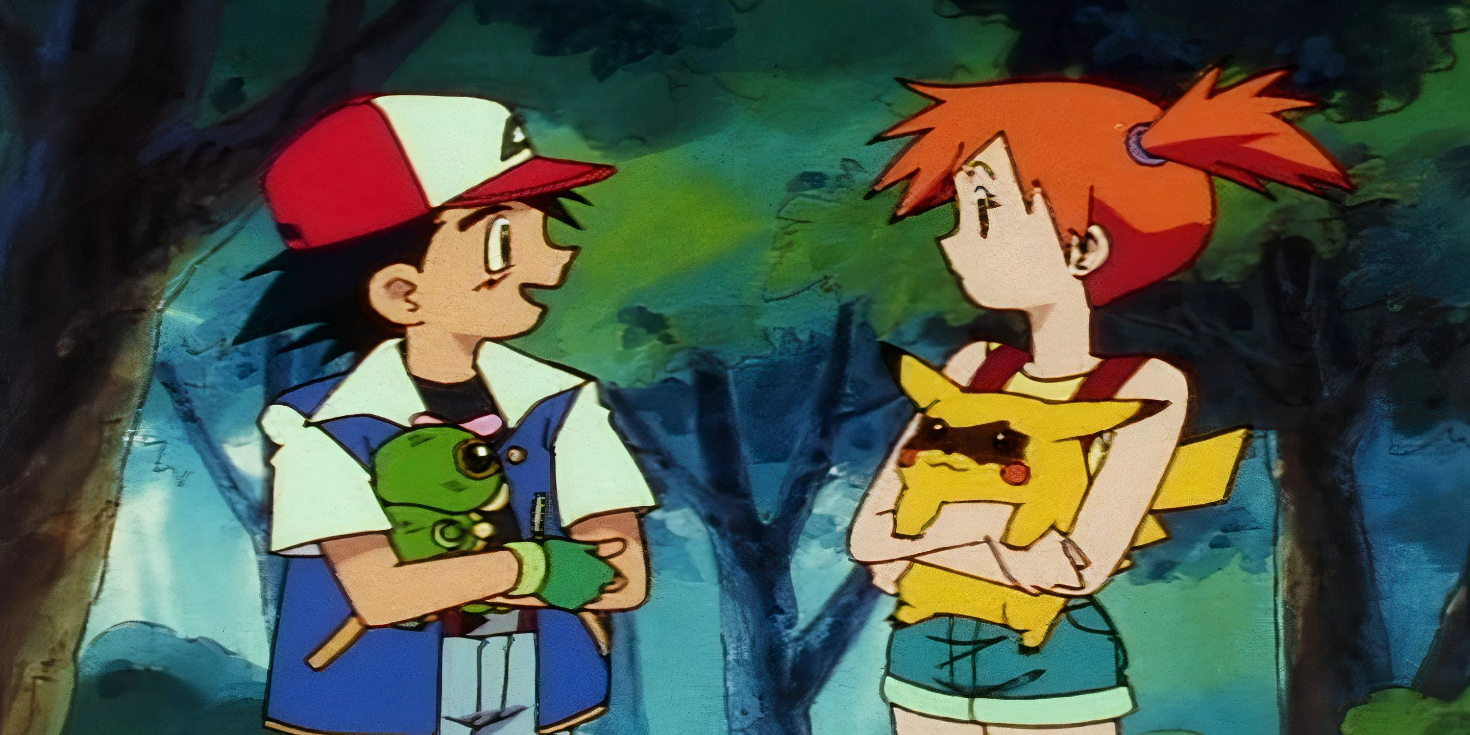 Ash Ketchum và Misty cùng Pokémon của họ, gợi nhớ những ngày đầu trao đổi Pokémon độc quyền phiên bản.