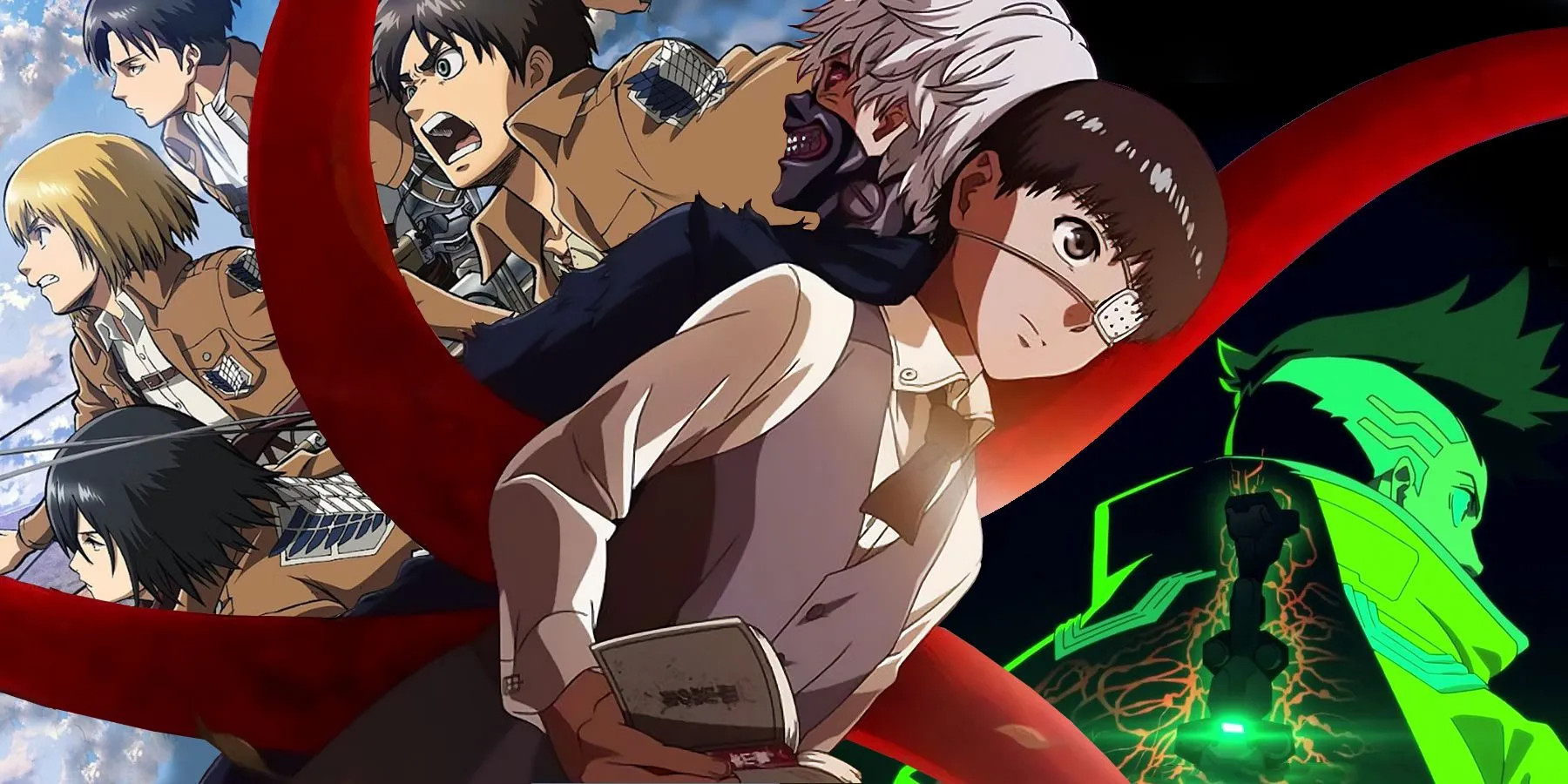 Ba cô gái anime từ Cyberpunk Edgerunners, Tokyo Ghoul và Attack on Titan đại diện cho các bộ anime hành động mãn nhãn