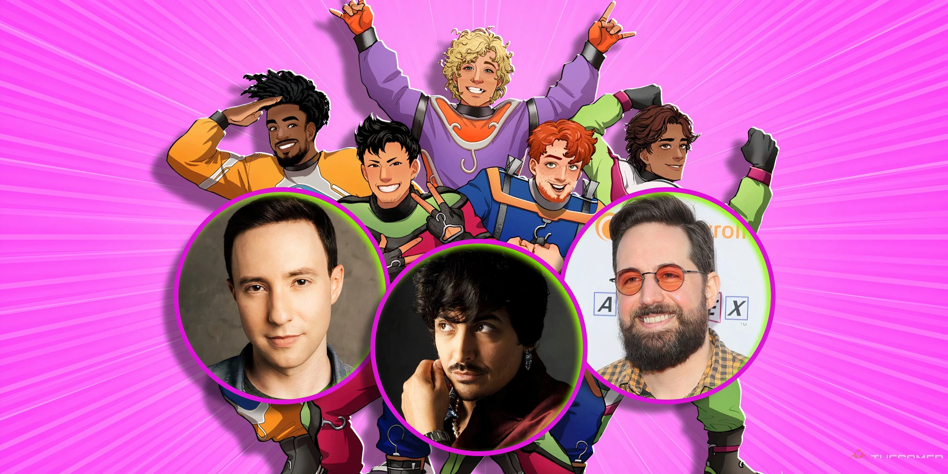 Ba diễn viên lồng tiếng Max Mittelman, Robbie Daymond và Ray Chase phía trước logo game Date Everything! độc đáo.