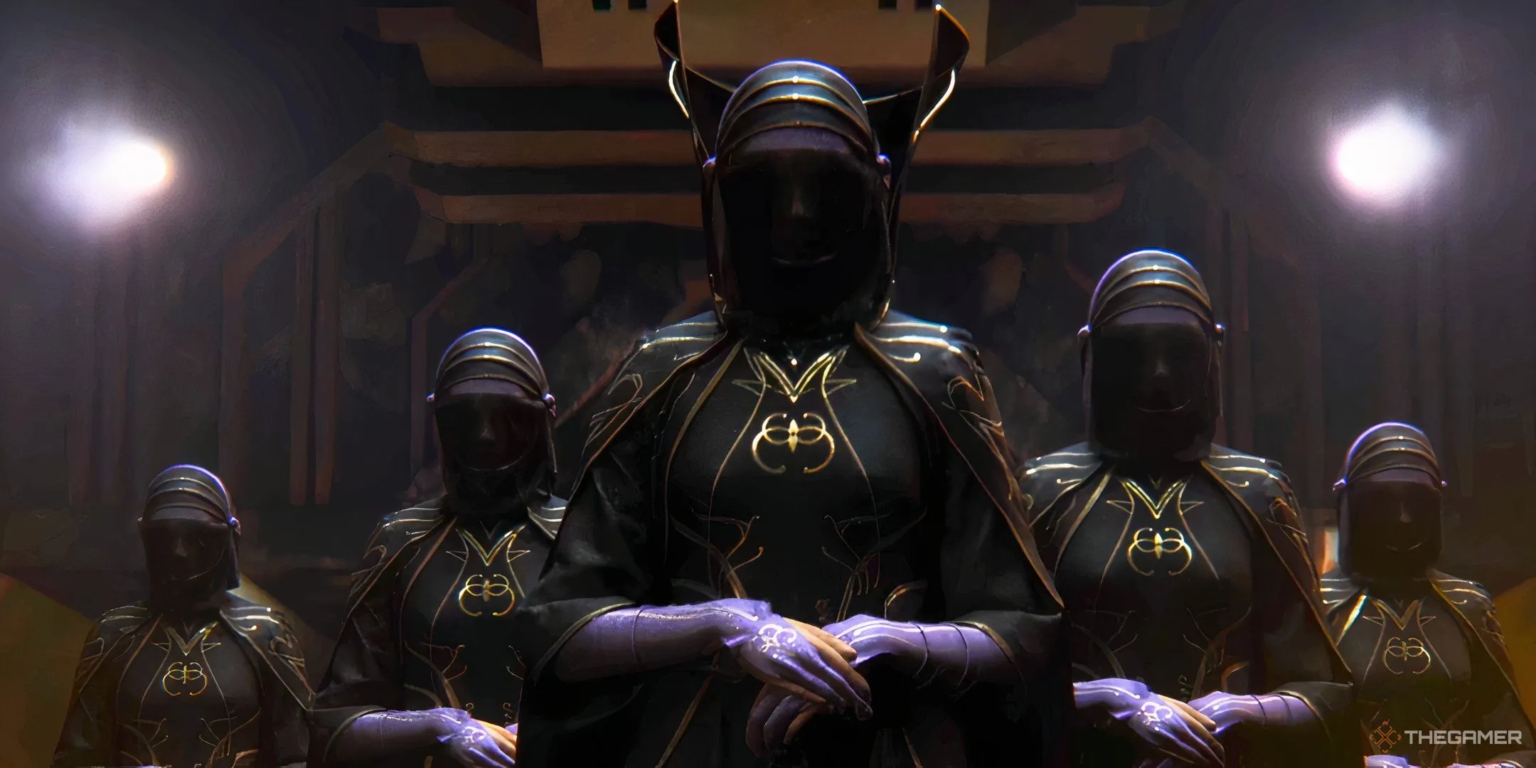 Ba người phụ nữ Bene Gesserit trong Dune: Awakening với trang phục và mạng che mặt đặc trưng.