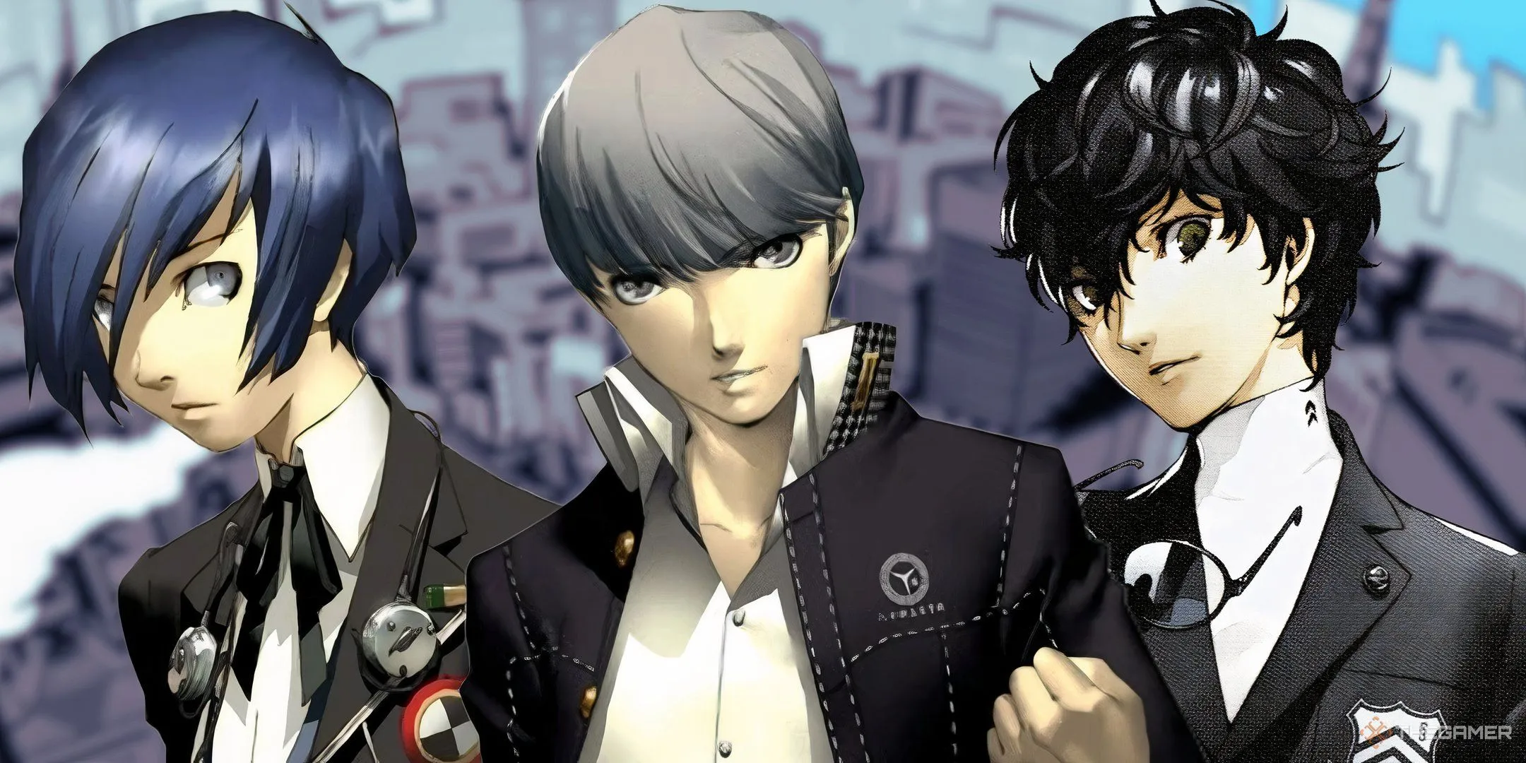 Ba nhân vật chính của Persona 3, Persona 4 và Persona 5 cùng với lịch biểu tượng của Persona 5, minh họa cảm giác "backlog" game.