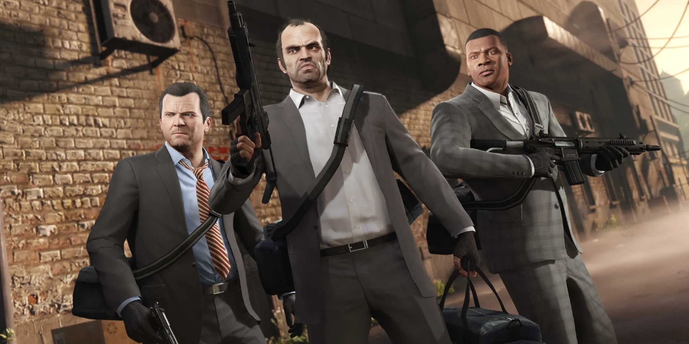 Ba nhân vật chính Michael, Trevor và Franklin trong một cảnh quay hành động đầy kịch tính trong Grand Theft Auto 5