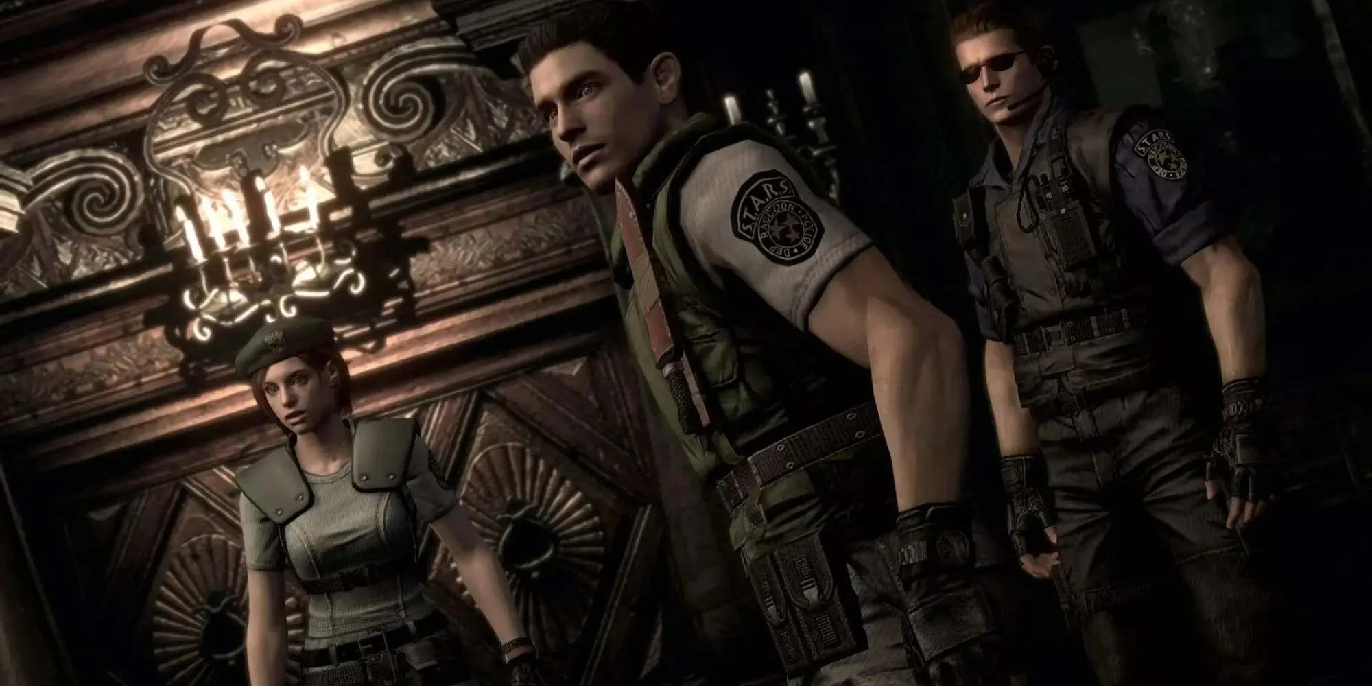 Ba nhân vật Jill, Chris và Albert tiến vào dinh thự bí ẩn trong Resident Evil bản đầu tiên