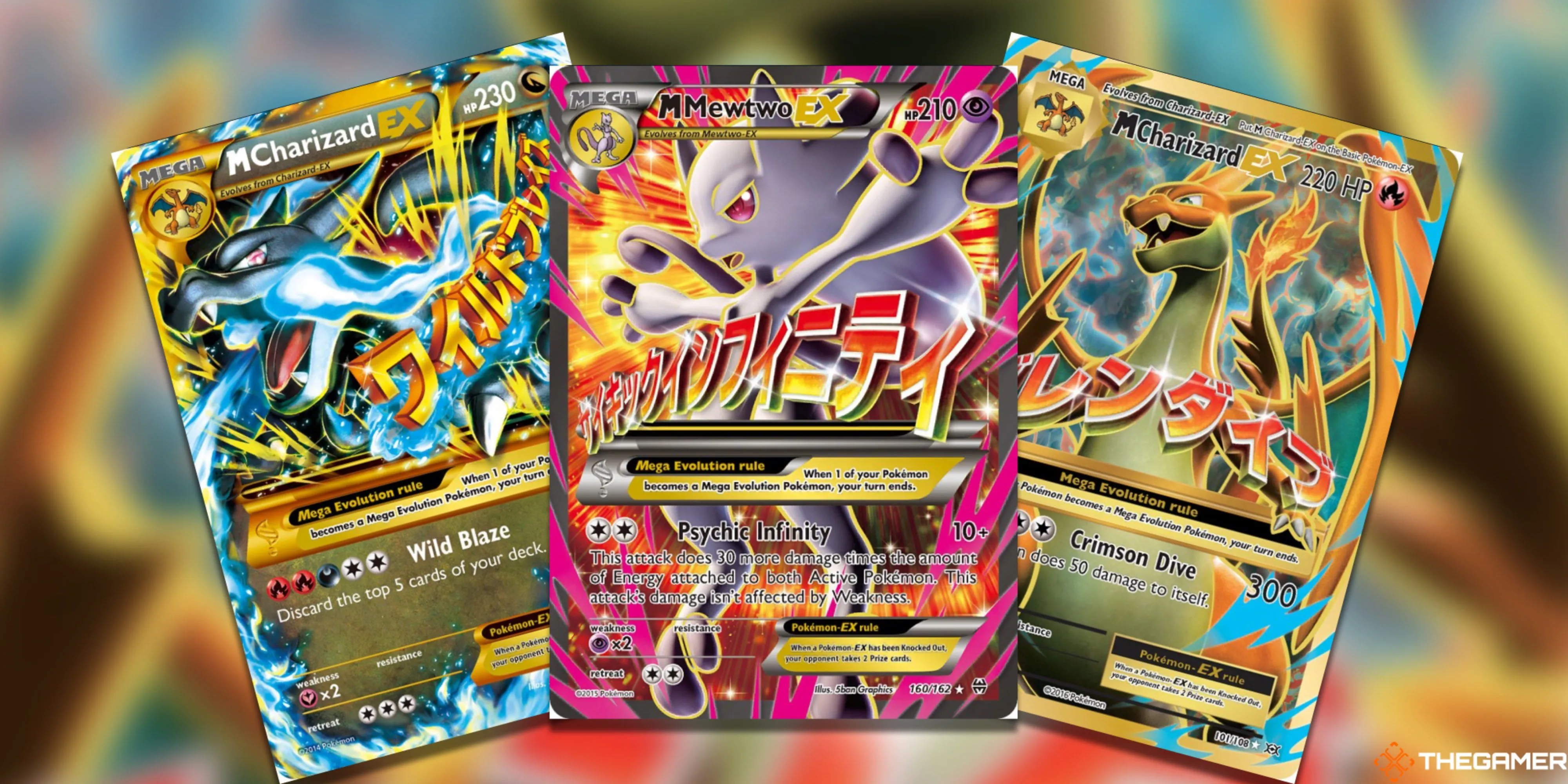 Ba thẻ bài Mega Pokemon EX quý hiếm: M Charizard X, Mewtwo Y và M Charizard Y từ series XY.