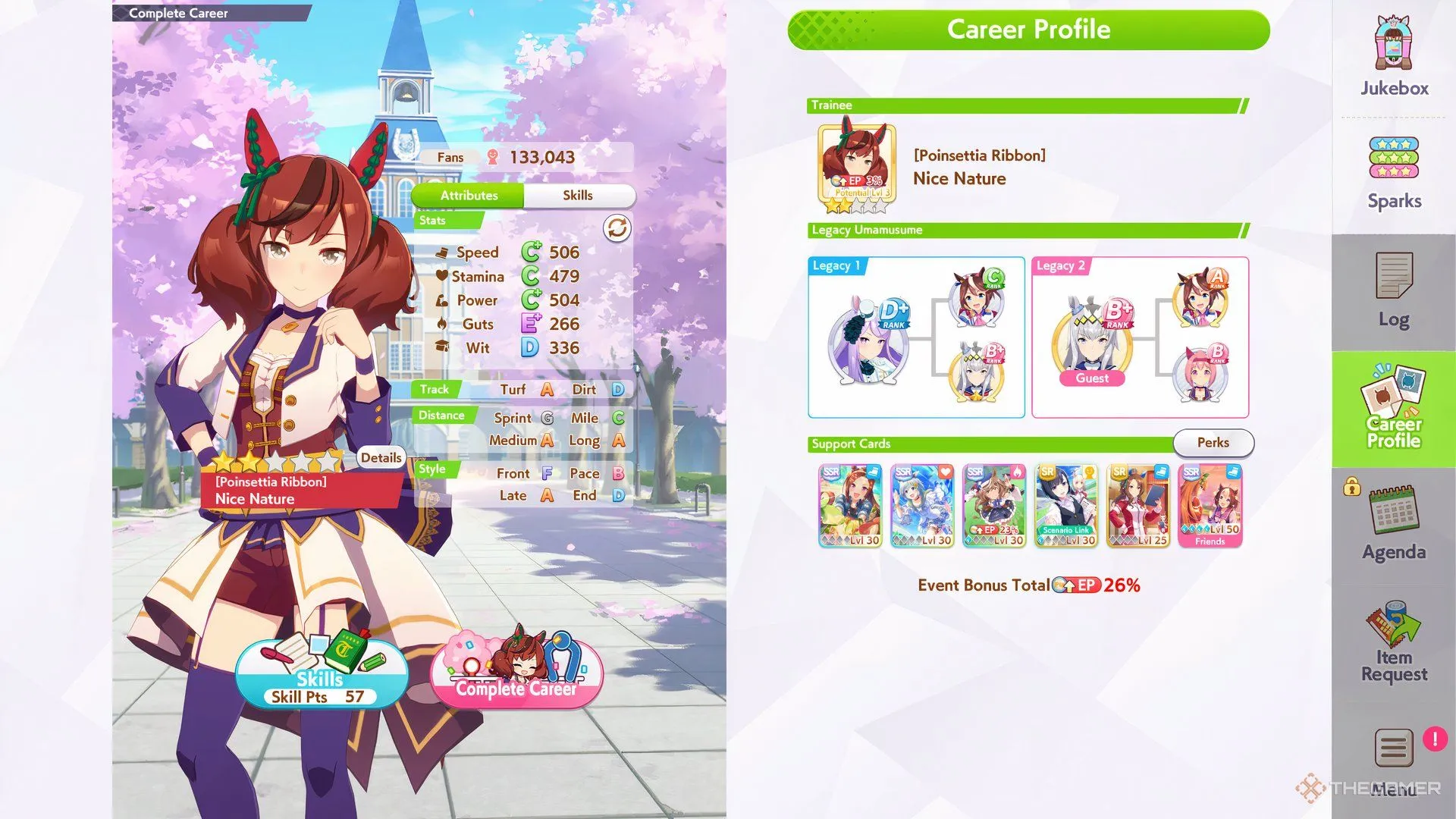 Bảng chỉ số tối ưu của Nice Nature, ưu tiên Tốc độ, Thể lực và Sức mạnh trong Umamusume Pretty Derby