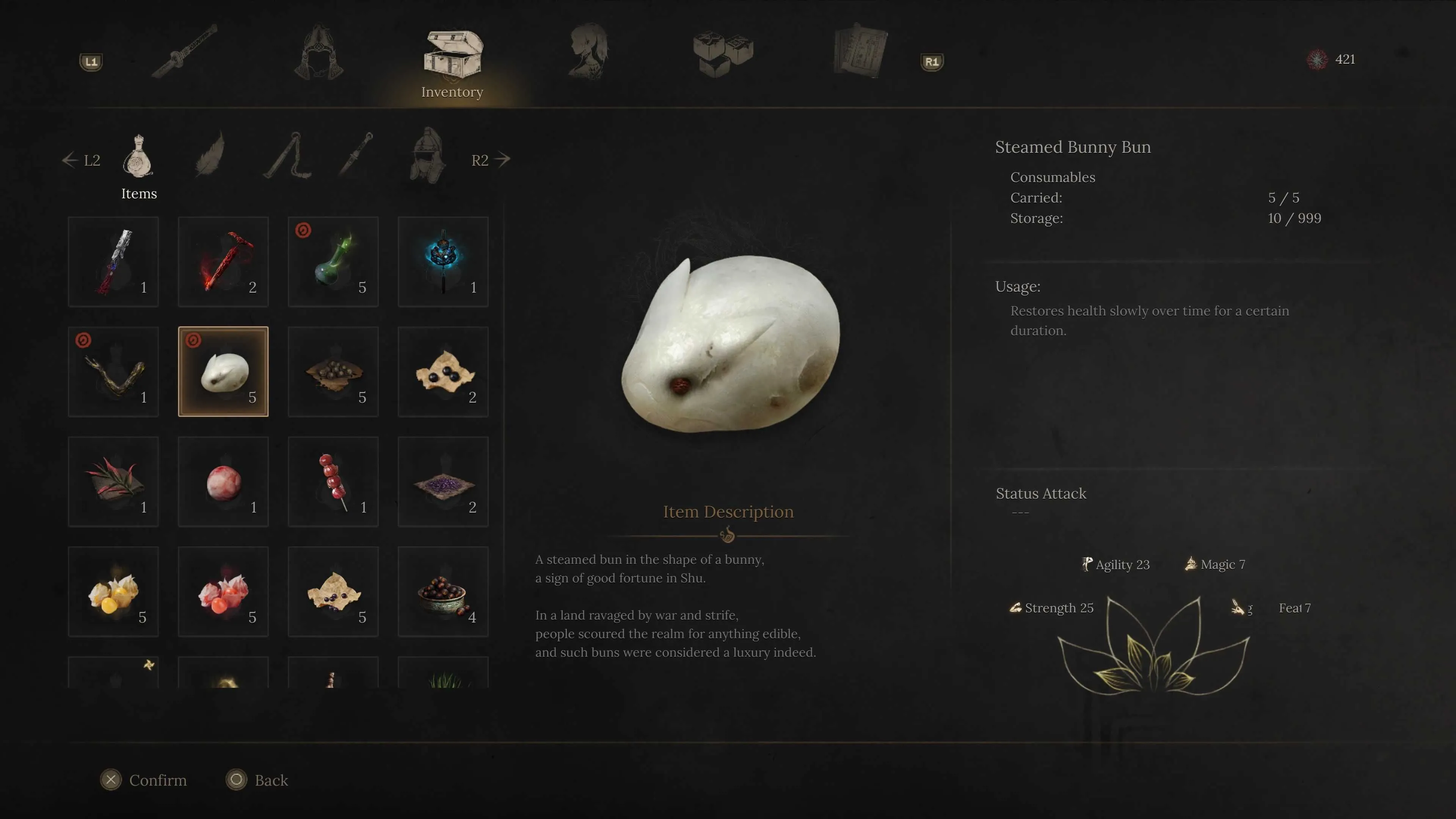 Bánh Bao Thỏ Hấp (Steamed Bunny Bun), một vật phẩm hồi máu phụ đáng yêu trong Wuchang: Fallen Feathers, giúp game thủ duy trì sinh lực.