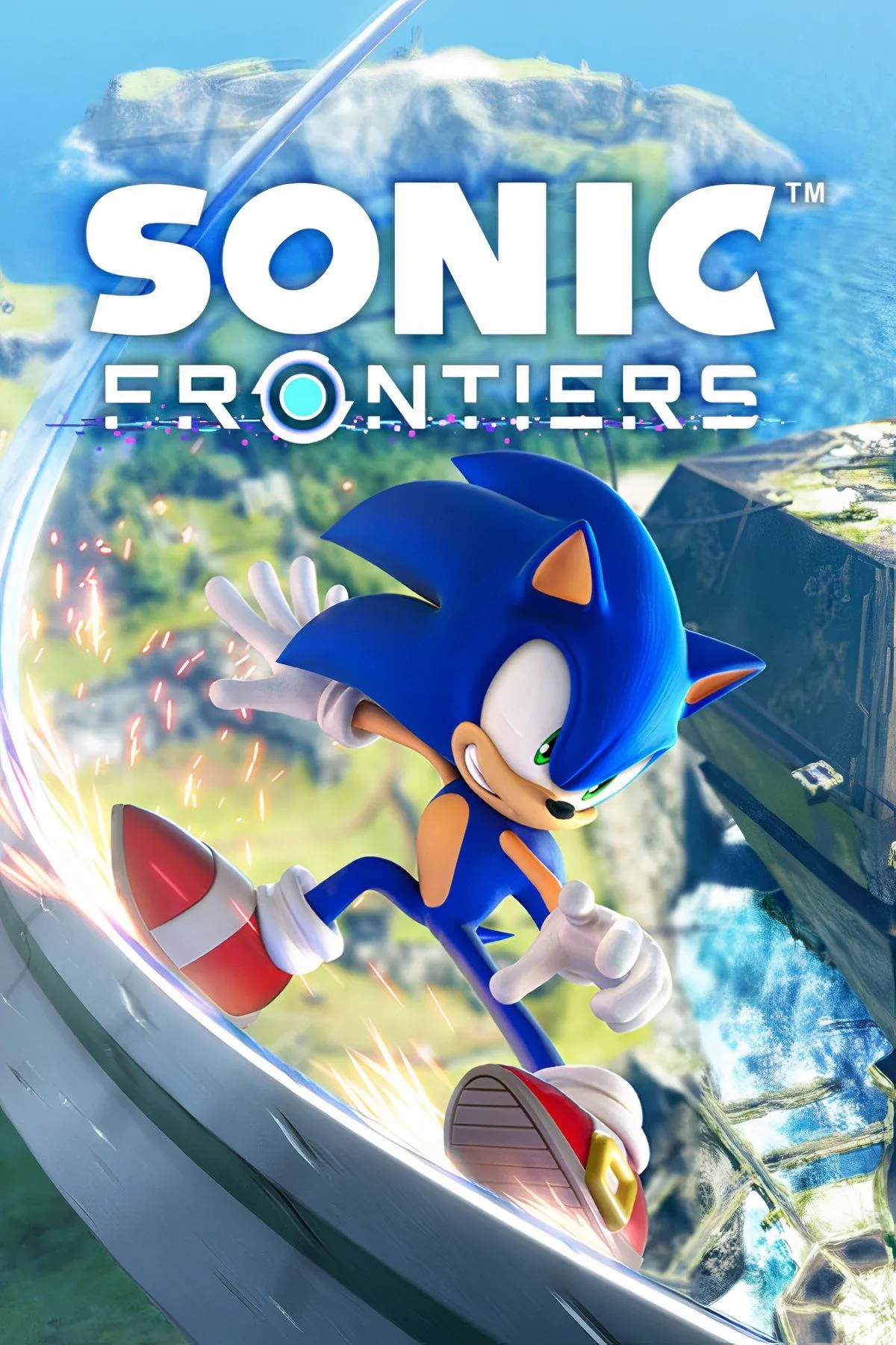 Bìa game Sonic Frontiers, với Sonic đứng giữa thế giới mở rộng lớn và các Cyberspace Level huyền ảo