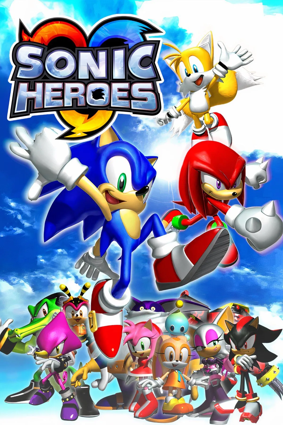 Bìa game Sonic Heroes, với các đội hình nhân vật khám phá những màn chơi độc đáo và kỳ ảo