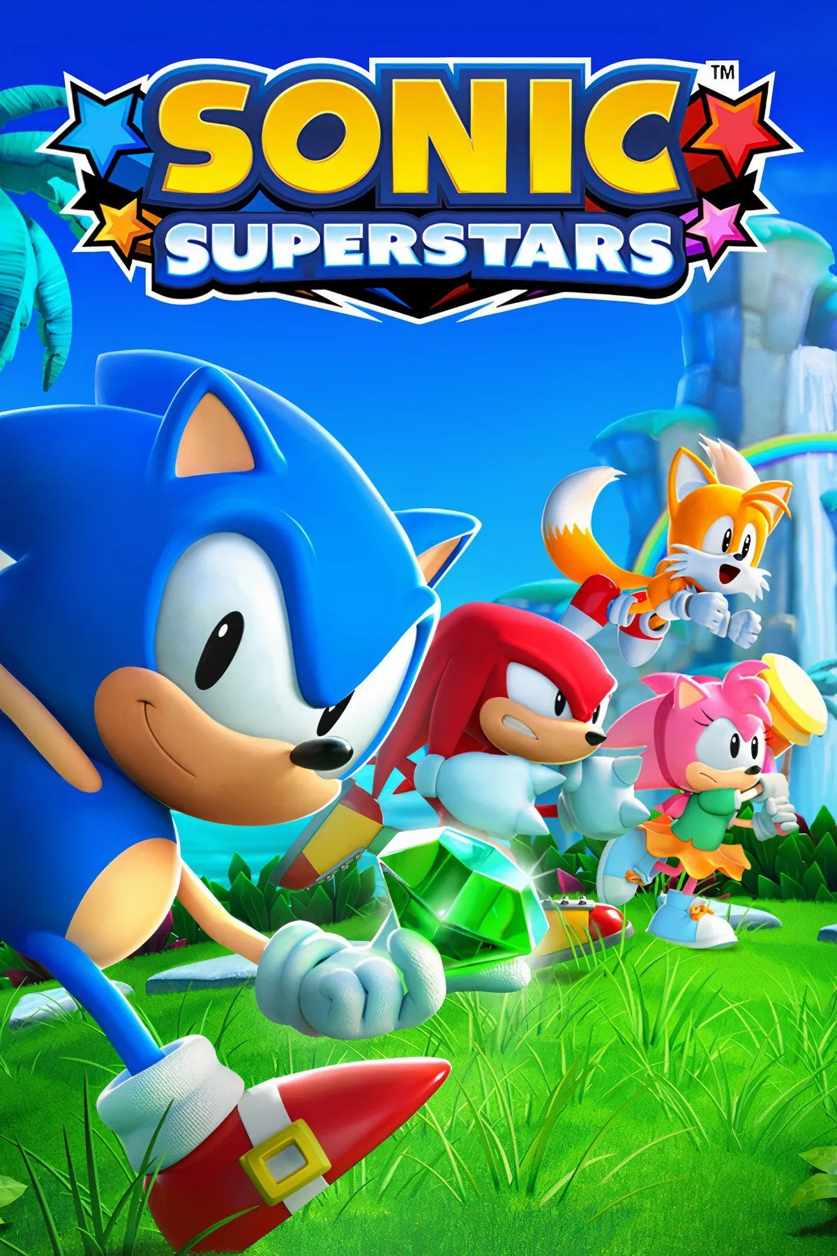 Bìa game Sonic Superstars, với Sonic và bạn bè chạy trong một màn chơi đầy màu sắc