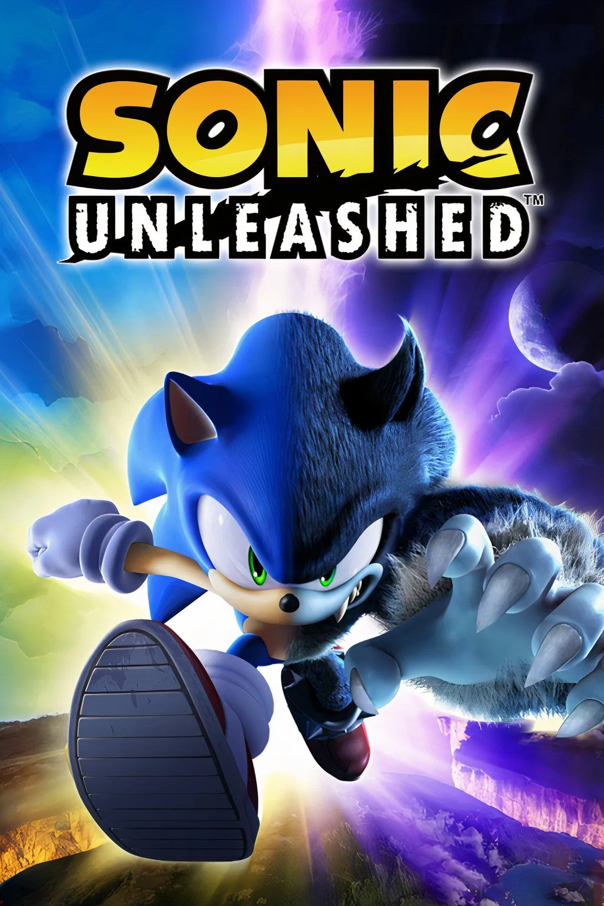 Bìa game Sonic Unleashed, thể hiện cả Sonic và Werehog, gợi mở các màn chơi ngày đêm độc đáo
