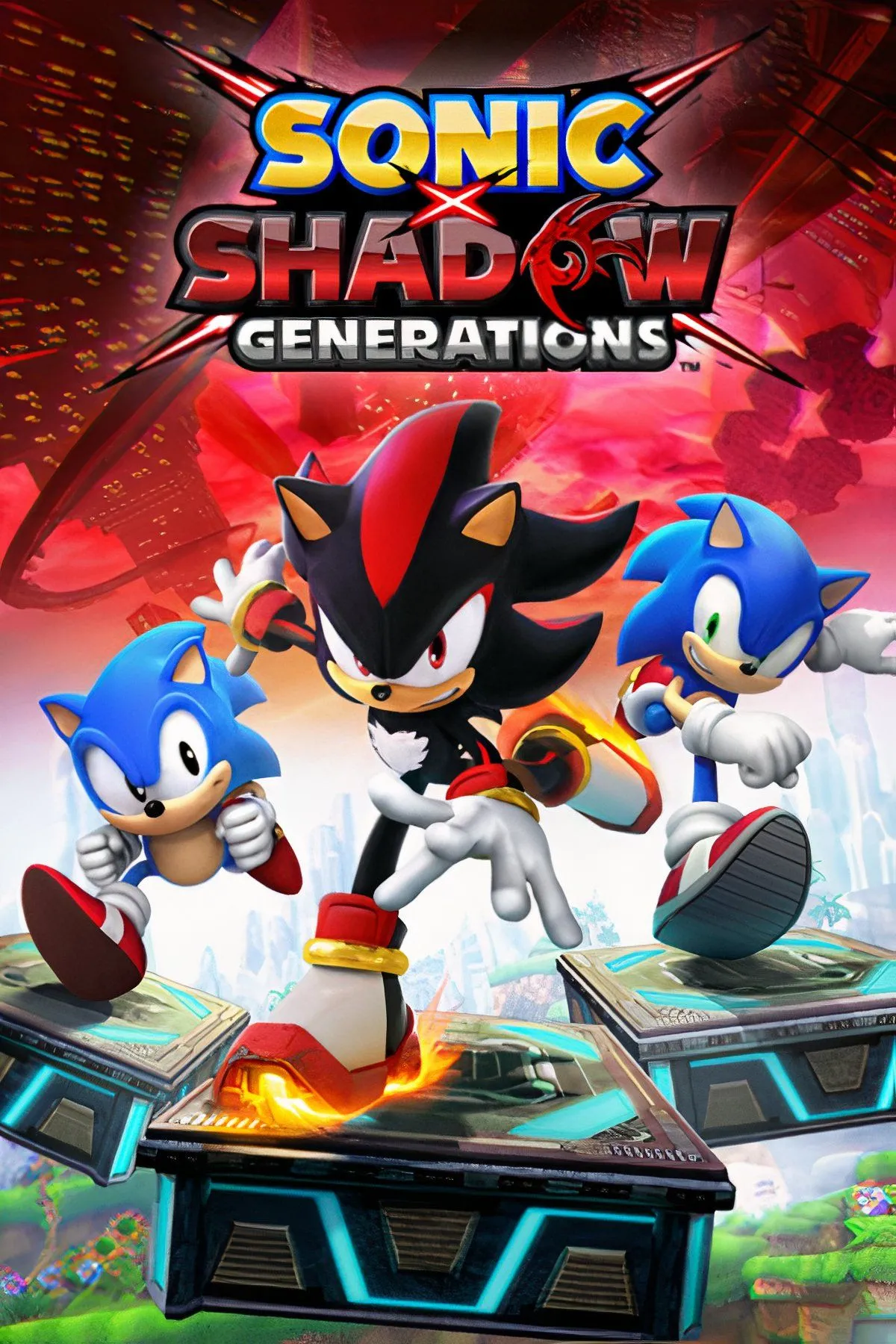 Bìa game Sonic X Shadow Generations, nơi Sonic và Shadow tái hiện những màn chơi kinh điển đỉnh cao
