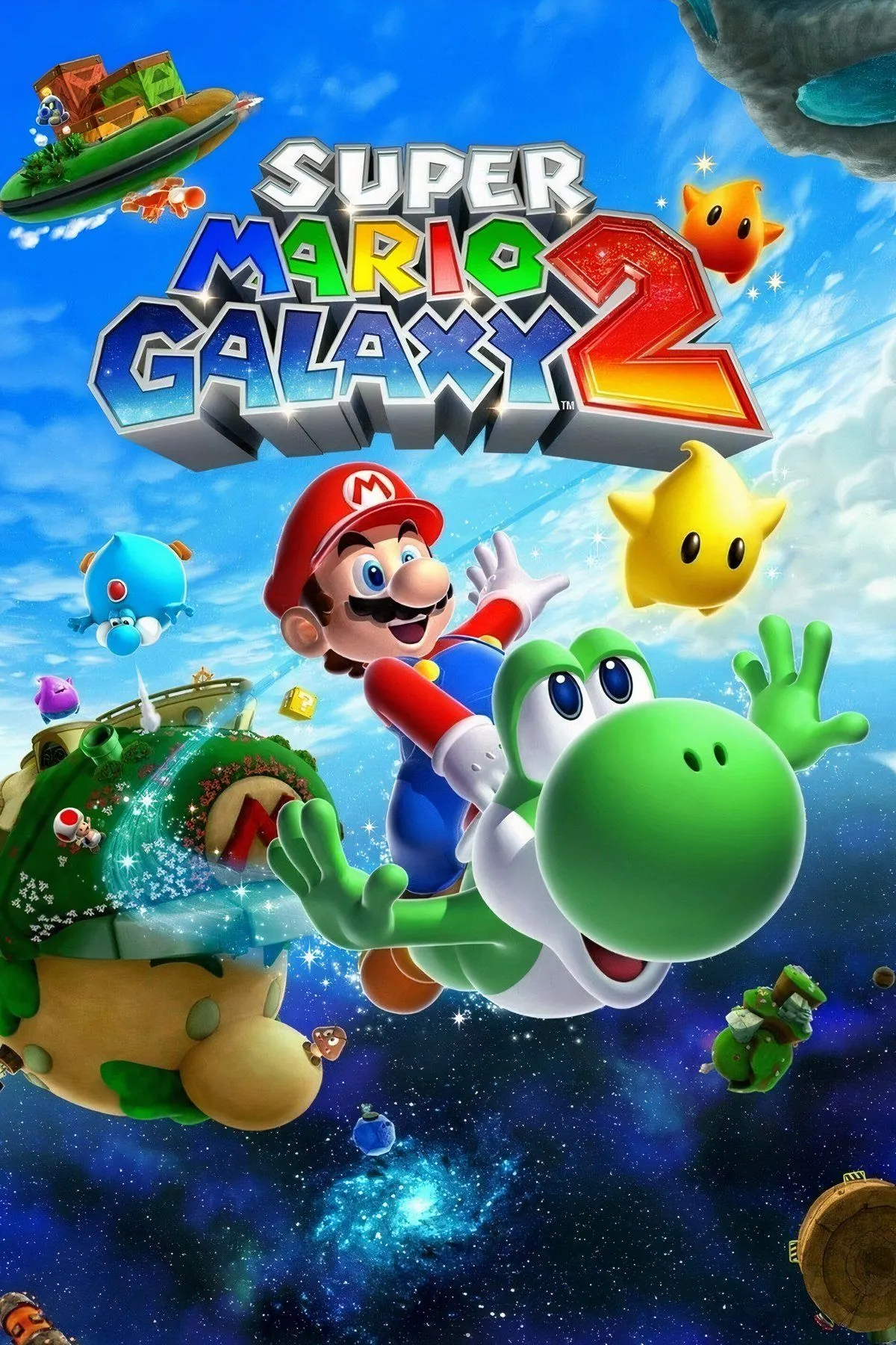 Bìa game Super Mario Galaxy 2, nơi Mario và Yoshi cùng phiêu lưu trong vũ trụ đầy màu sắc.