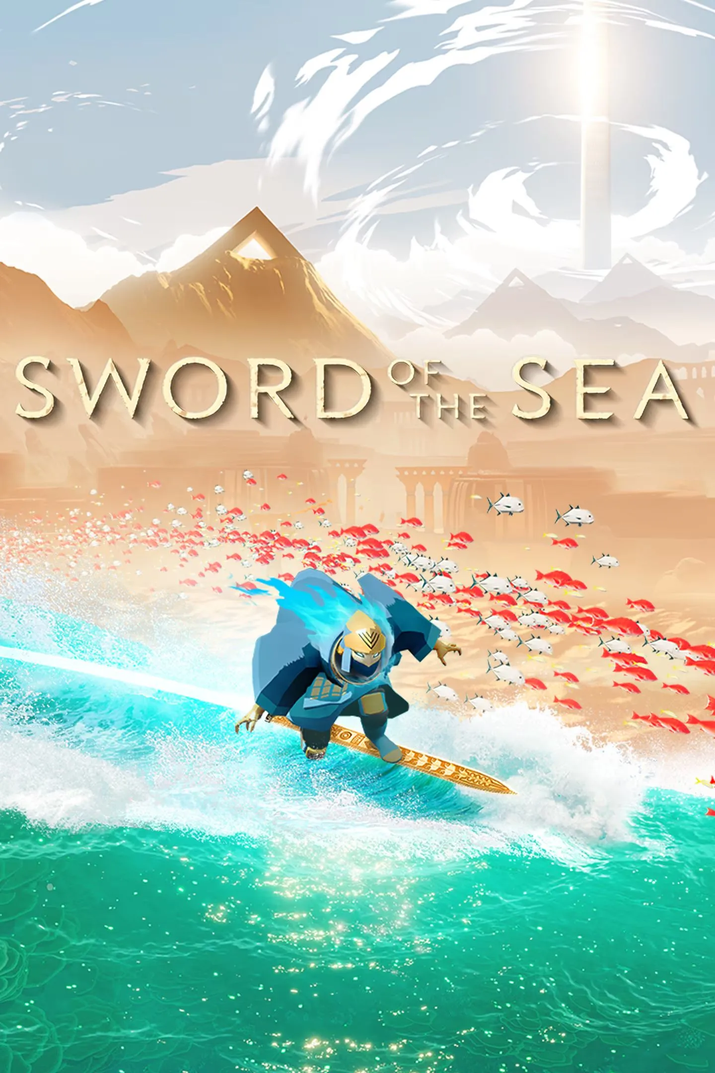 Bìa game Sword of the Sea với nhân vật chính lướt trên kiếm bay giữa phong cảnh sa mạc huyền ảo.