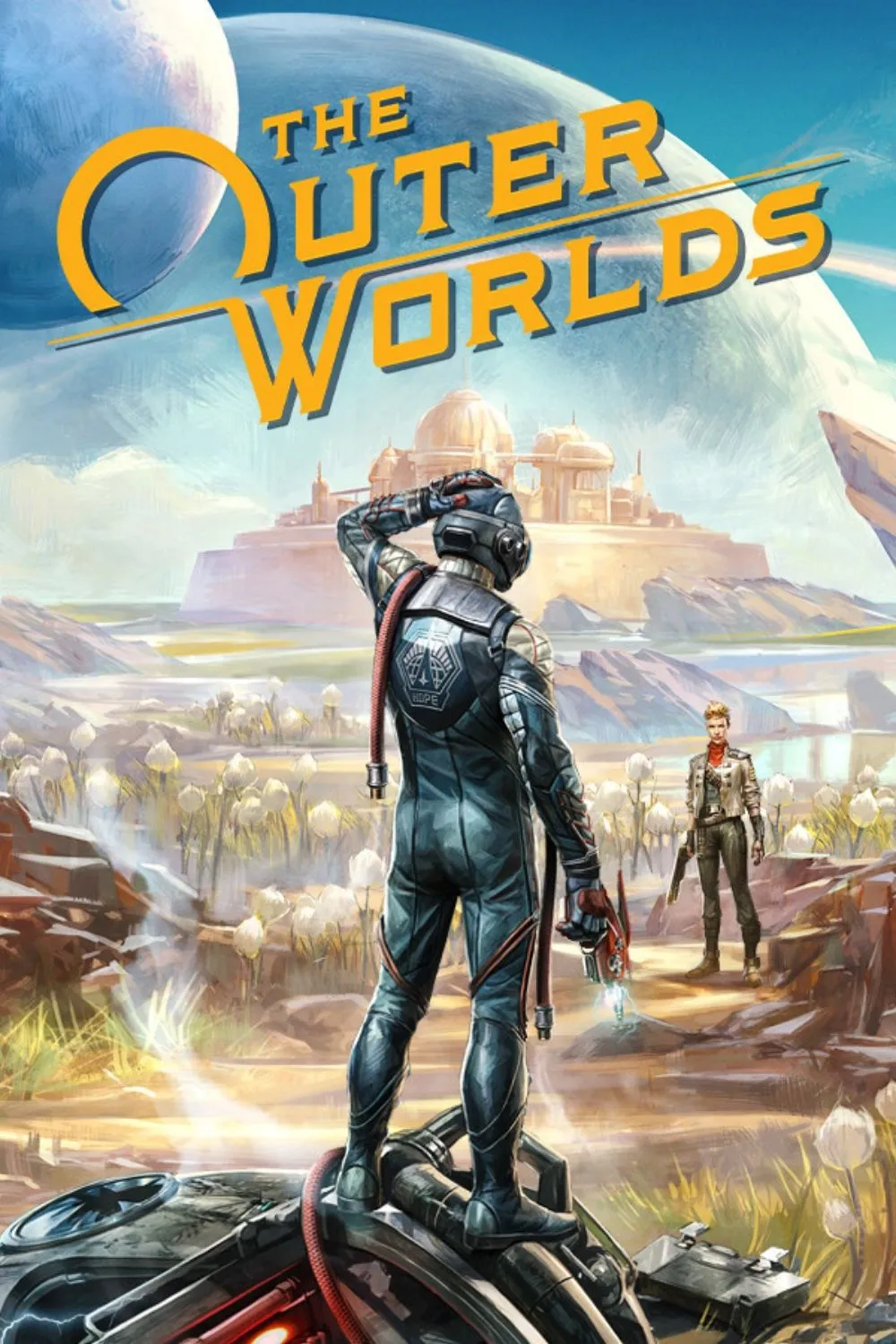 Bìa game The Outer Worlds với phi hành đoàn và khung cảnh thiên hà, đại diện cho hành trình khám phá không gian.
