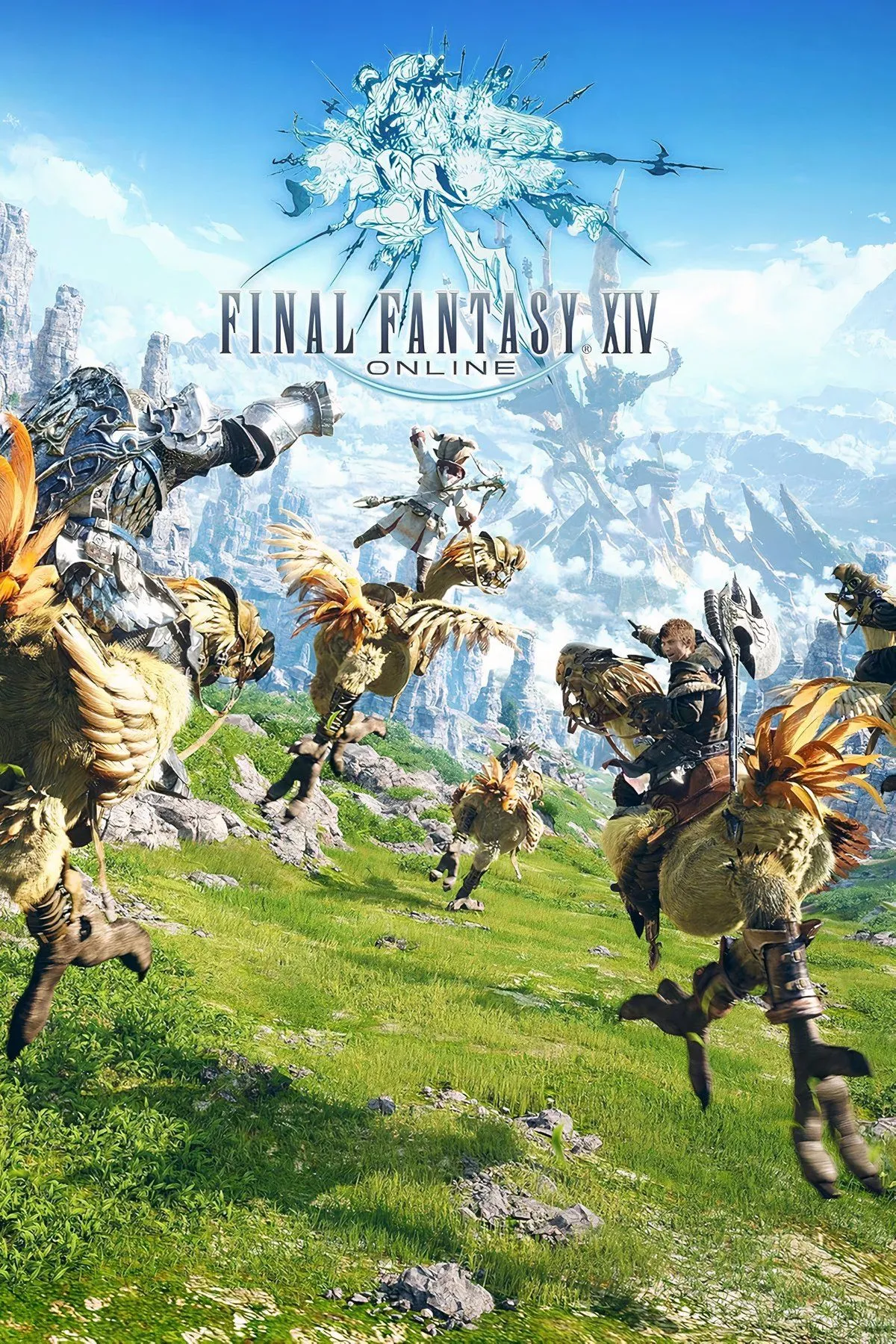 Bìa nghệ thuật game Final Fantasy XIV với các nhân vật và logo game