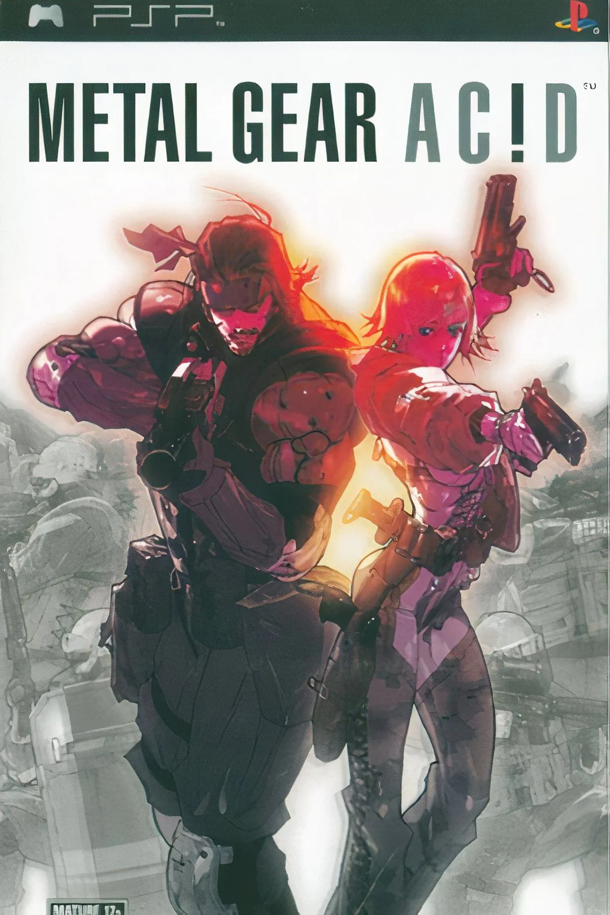 Bìa nghệ thuật Metal Gear Acid với Solid Snake và các lá bài chiến thuật