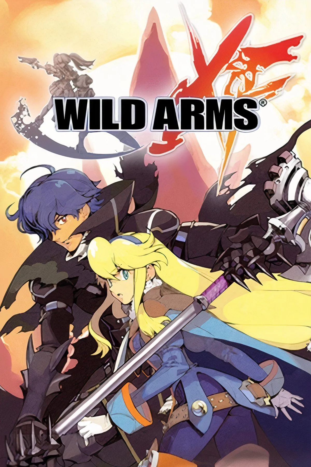 Bìa nghệ thuật Wild Arms XF với các nhân vật và bản đồ lục giác đặc trưng