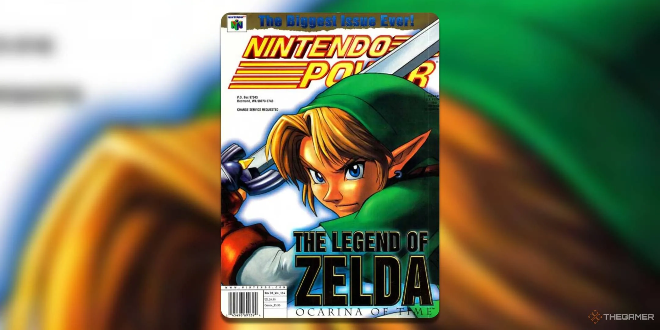 Bìa tạp chí Nintendo Power số 114 tháng 11 năm 1998, với biểu tượng Link từ The Legend Of Zelda: Ocarina Of Time