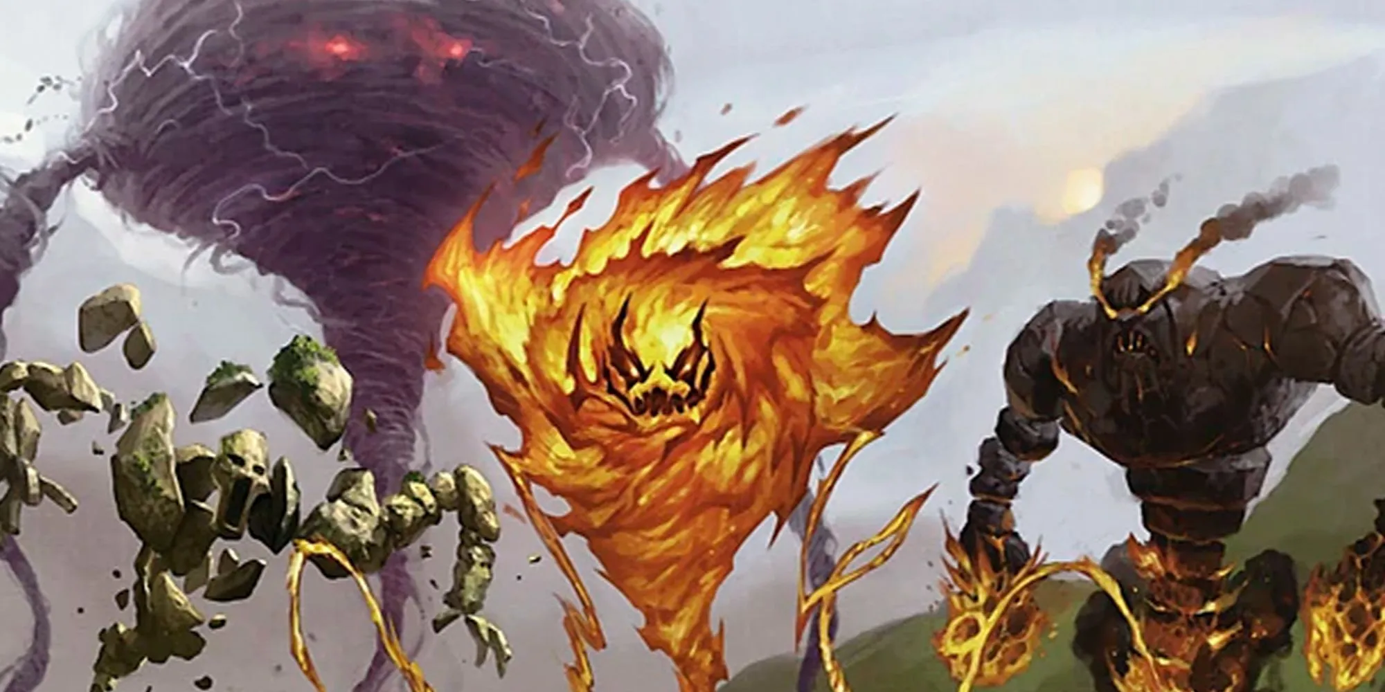 Các Nguyên Tố Địa, Hỏa, Phong, Thủy, Khói và Đá tập hợp trong thế giới Dungeons &amp; Dragons