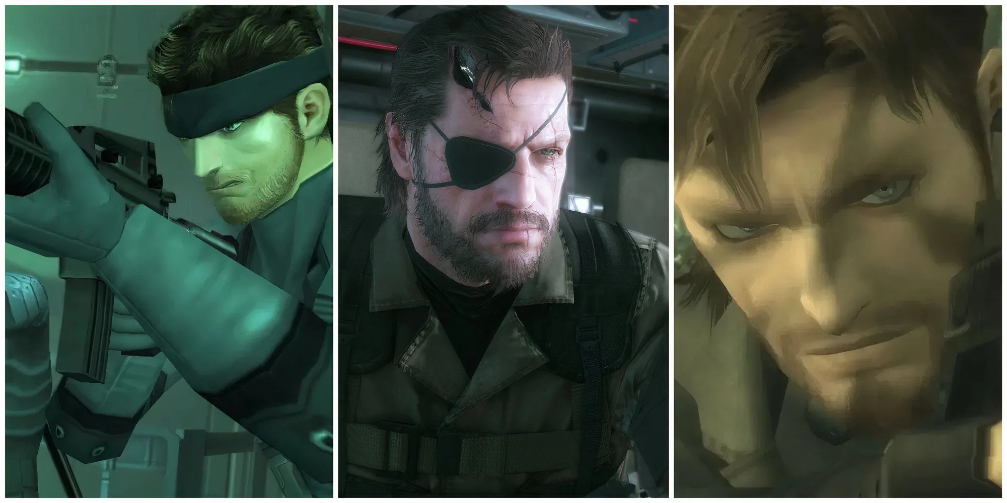 Các phiên bản biểu tượng của Solid Snake, Venom Snake và Naked Snake từ dòng game Metal Gear Solid.