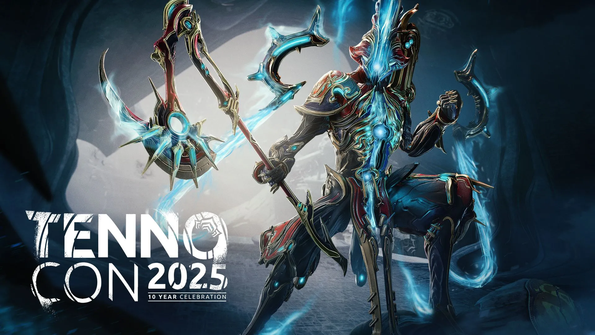 Caliban Prime bên cạnh logo Tennocon 2025, đại diện cho tương lai Warframe
