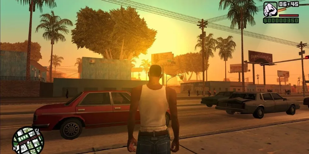 CJ đứng trên đường phố Los Santos trong GTA San Andreas, một thế giới mở nơi game thủ có thể thoải mái hẹn hò nhiều nhân vật.