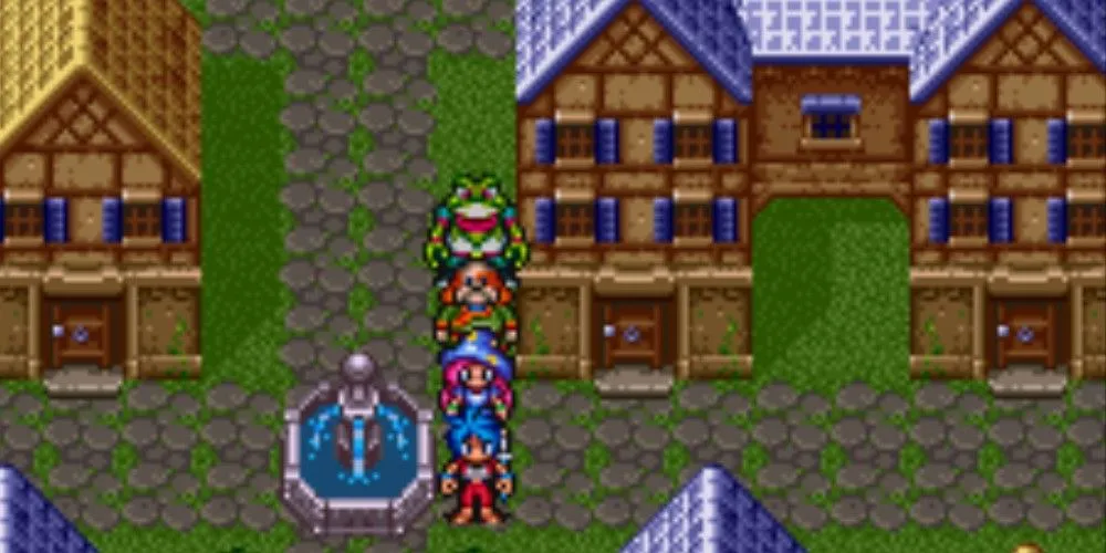 Dàn nhân vật chính đứng cạnh đài phun nước trong Breath of Fire 2