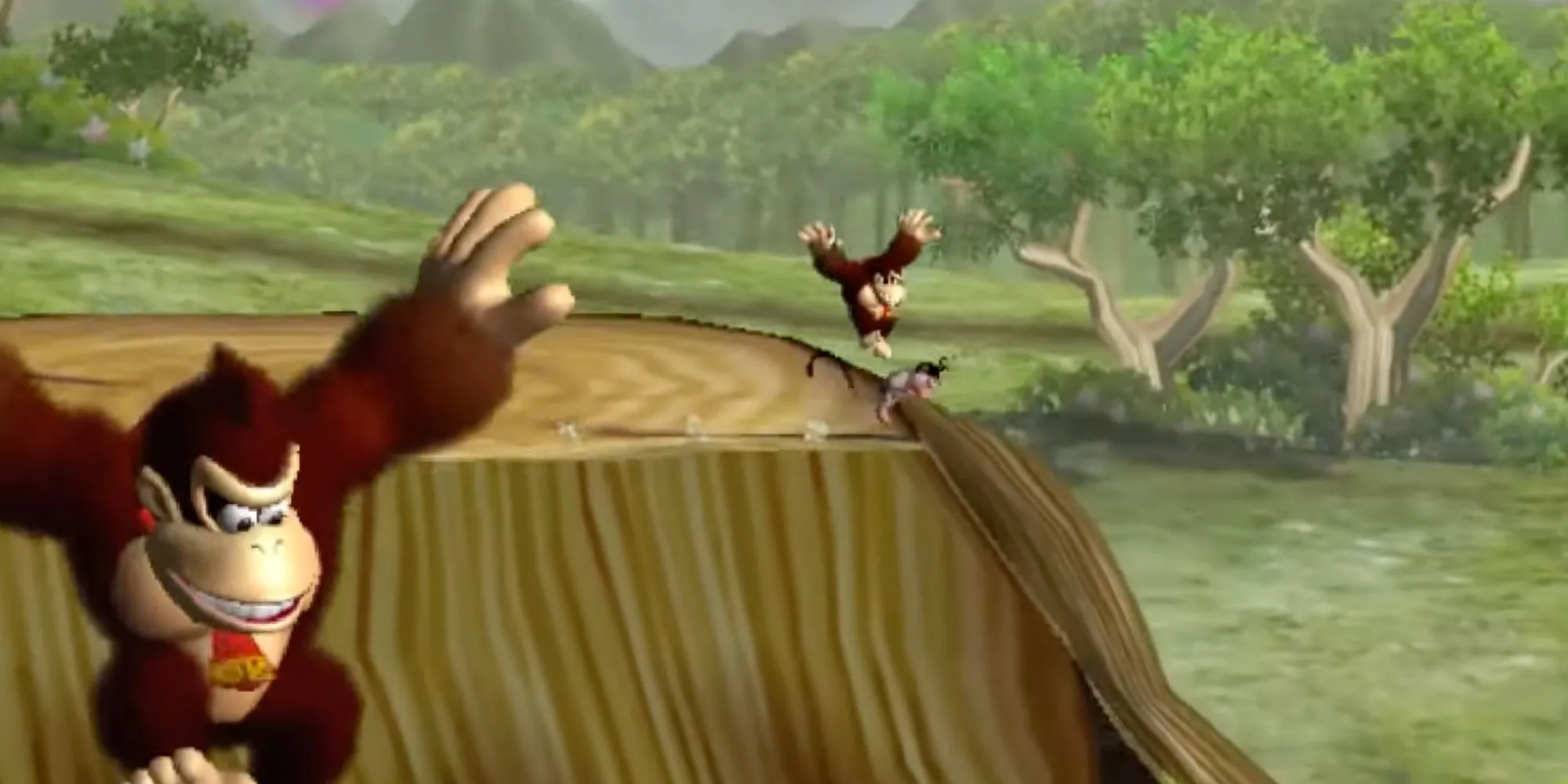 Donkey Kong đang nhảy múa trong game Donkey Kong Jungle Beat trên hệ máy GameCube, một game sử dụng DK Bongos