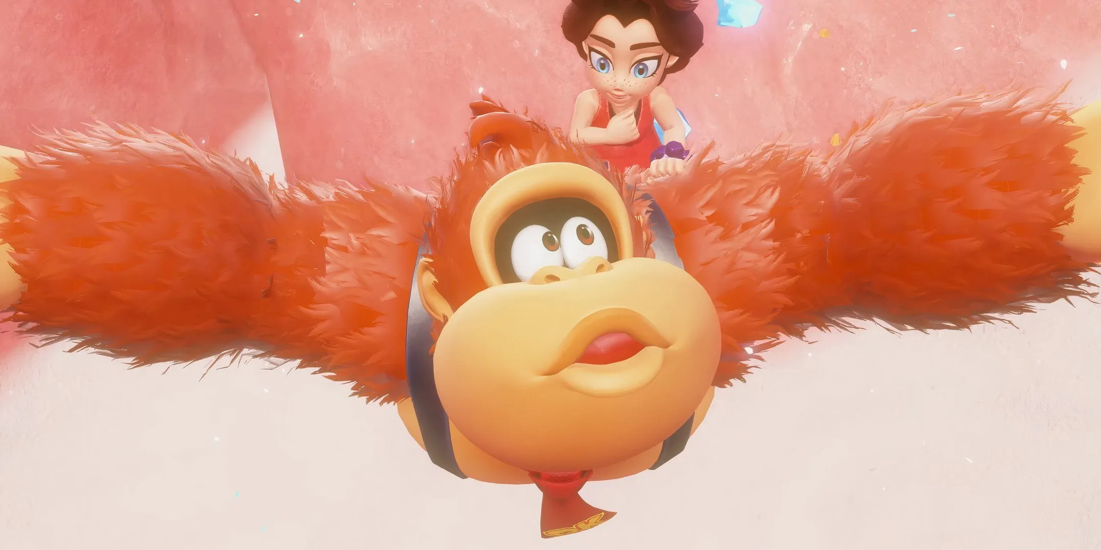 Donkey Kong đang rơi tự do trên bầu trời cùng Pauline, một khoảnh khắc hành động đầy kịch tính trong Bananza.