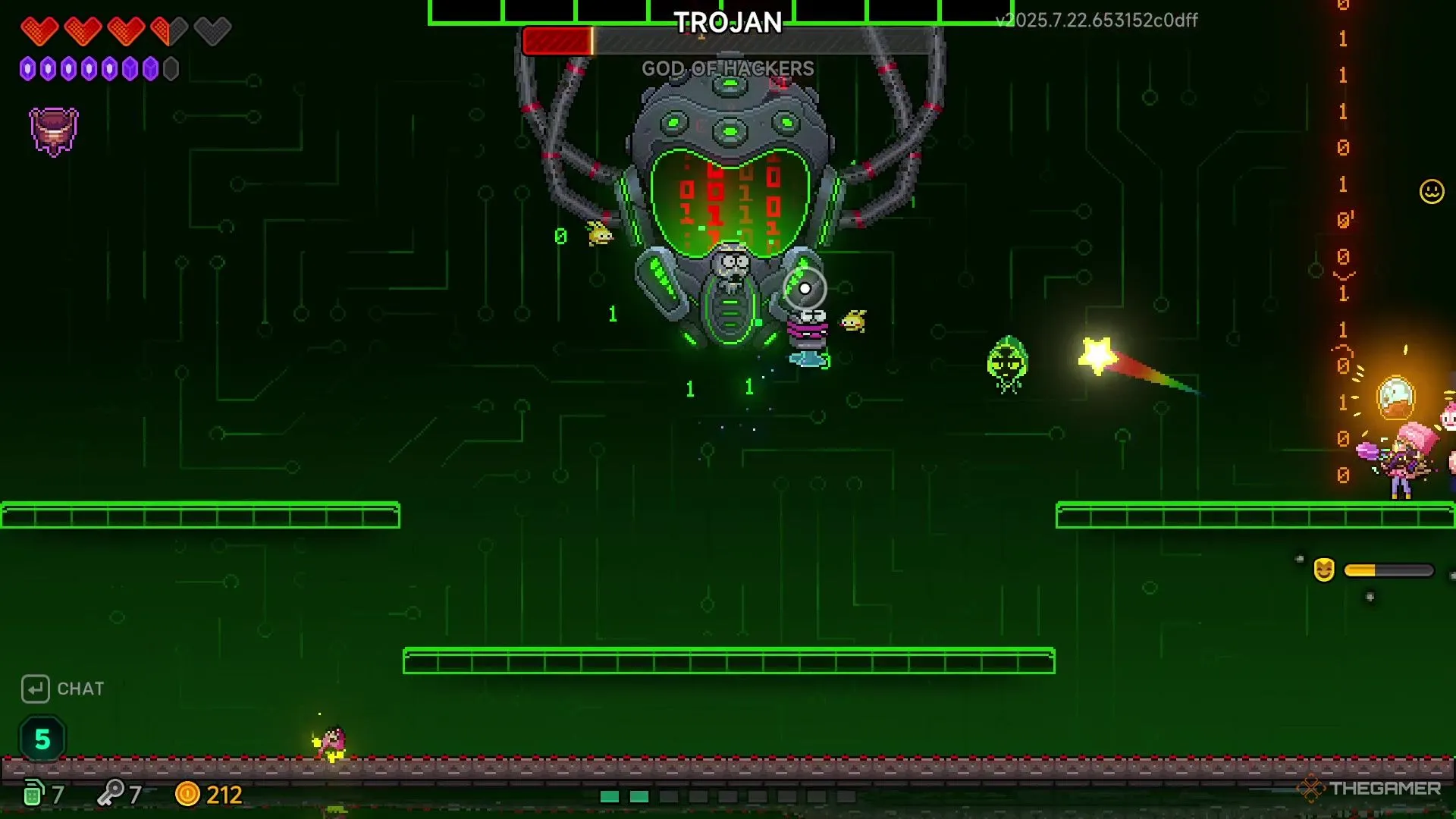 Elise bắn Trojan trong pha cuối cùng khi các cột số 0 và 1 rơi xuống gần cô trong Neon Abyss 2