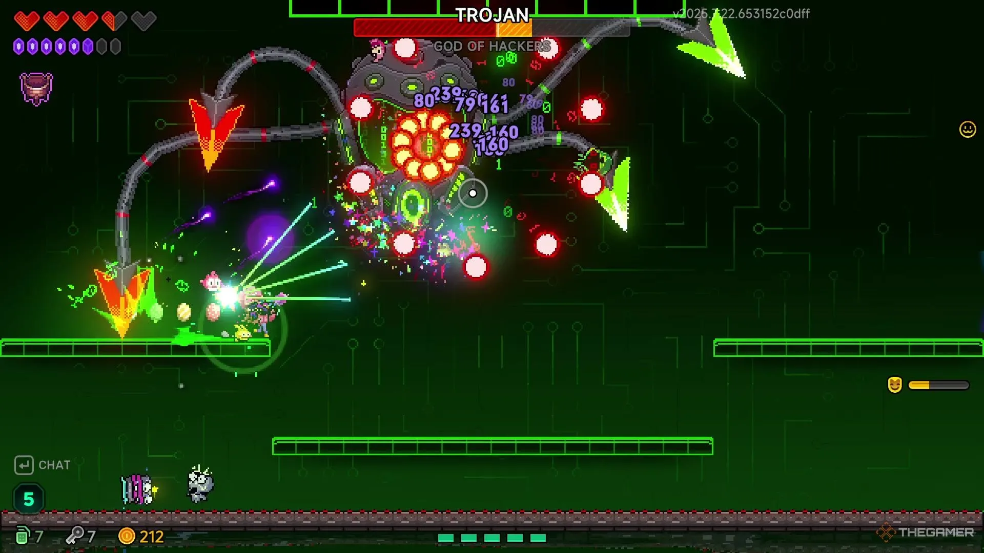 Elise né xúc tu và bắn Trojan trong một đấu trường kỹ thuật số xanh lục trong Neon Abyss 2