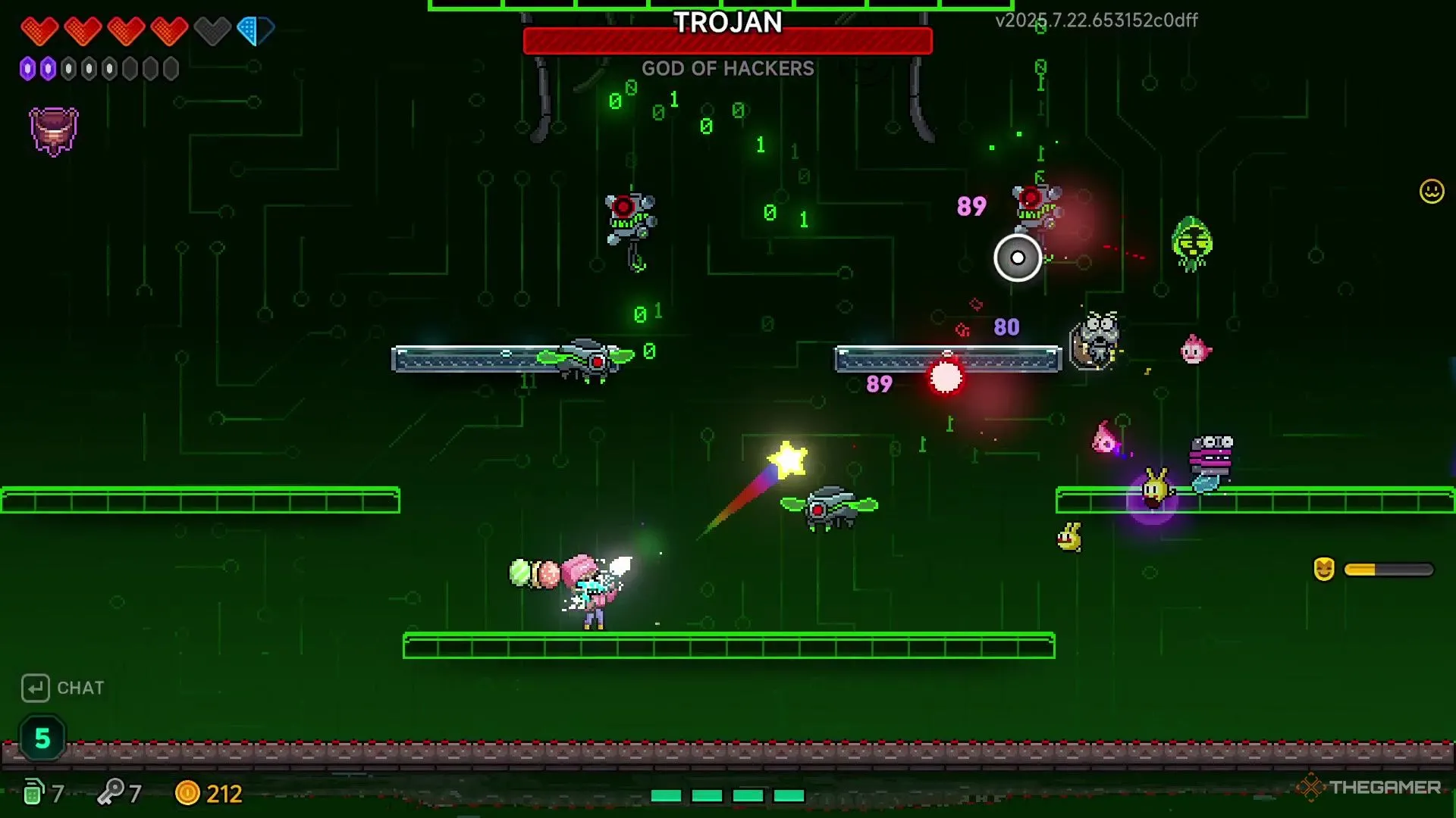Elise và các Hatchmon chiến đấu với kẻ địch bay trong pha một của Trojan ở Neon Abyss 2